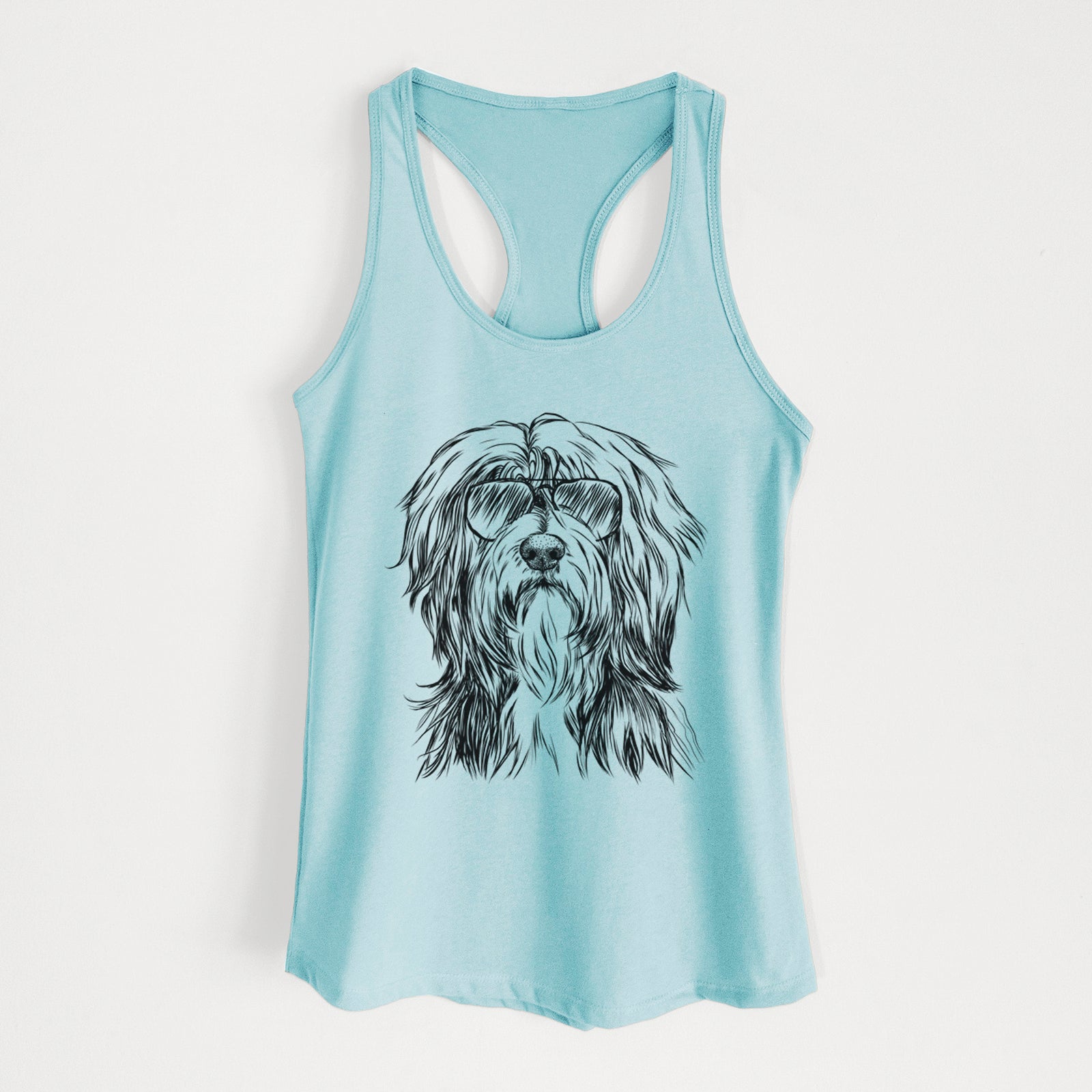 Hand-drawn sketch of Fiji the Polish Lowland Sheepdog wearing aviator sunglasses on a Cancun Blue Women's racerback tanktop