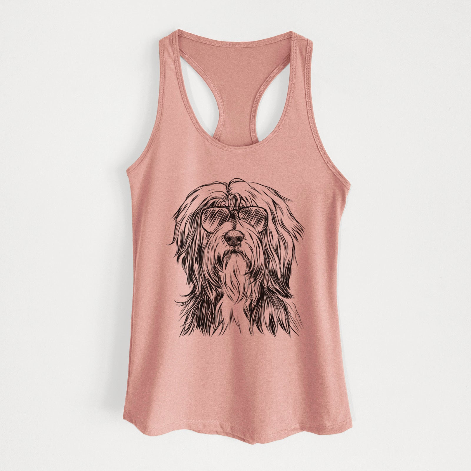 Hand-drawn sketch of Fiji the Polish Lowland Sheepdog wearing aviator sunglasses on a Desert Pink Women's racerback tanktop