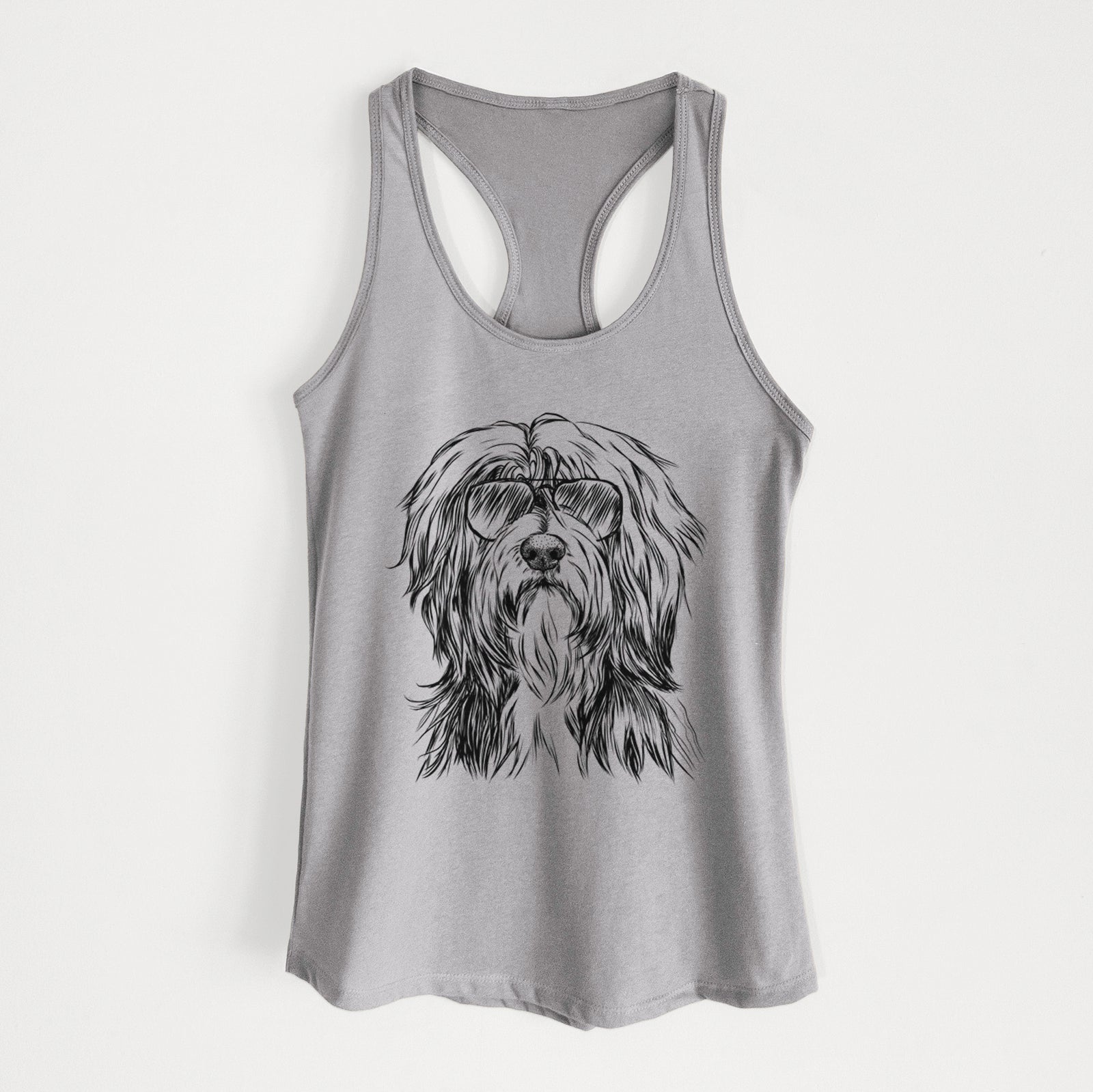 Hand-drawn sketch of Fiji the Polish Lowland Sheepdog wearing aviator sunglasses on a Heather Grey Women's racerback tanktop