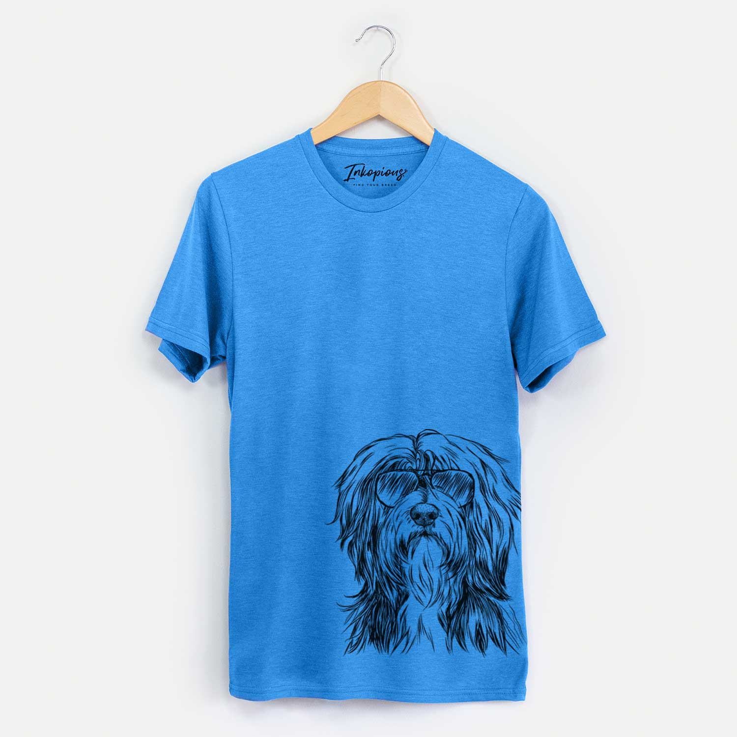 Hand-drawn sketch of Fiji the Polish Lowland Sheepdog wearing aviator sunglasses on a Blue Unisex crewneck