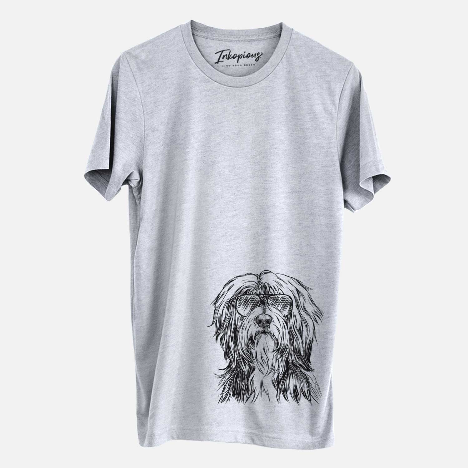 Hand-drawn sketch of Fiji the Polish Lowland Sheepdog wearing aviator sunglasses on a Grey Unisex crewneck