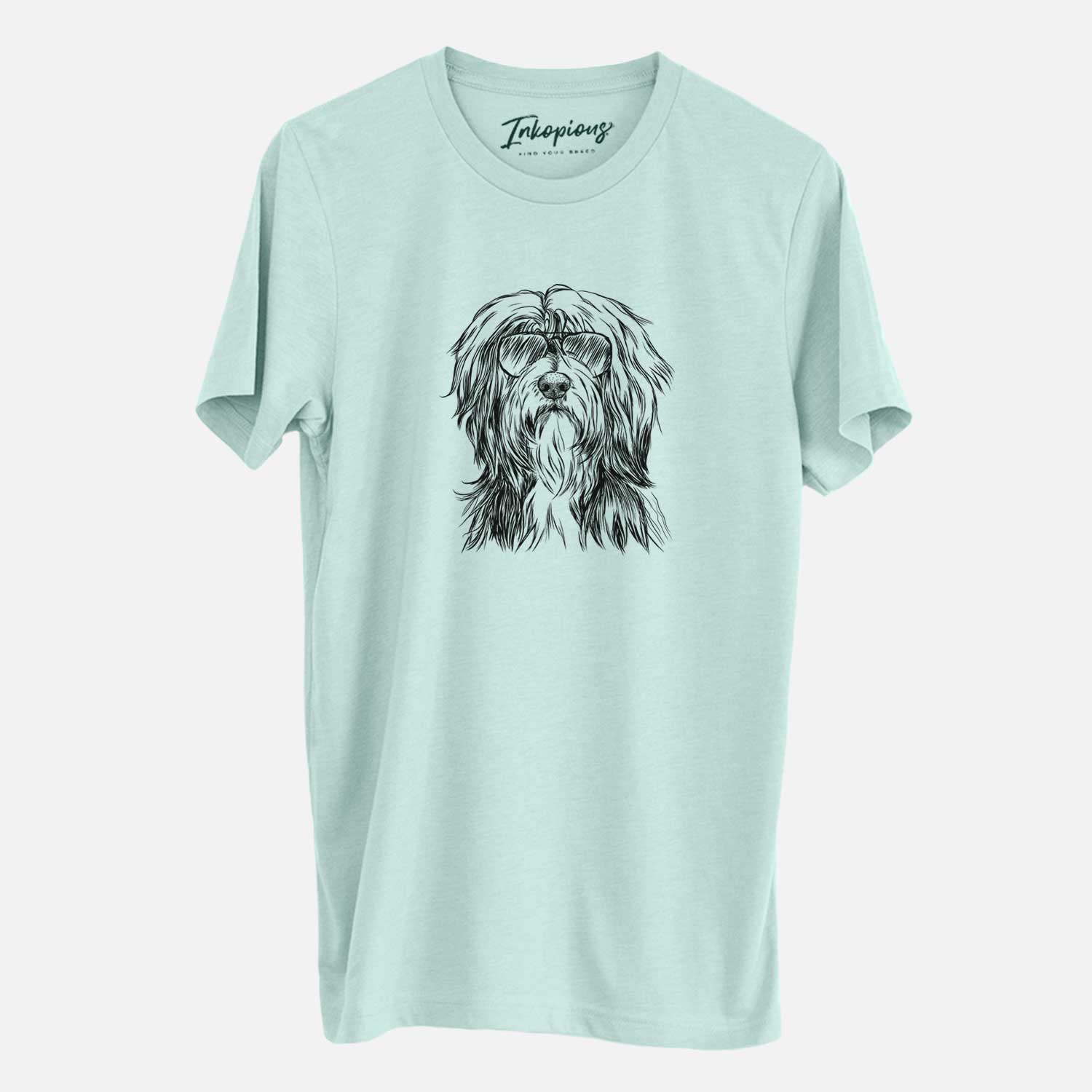 Hand-drawn sketch of Fiji the Polish Lowland Sheepdog wearing aviator sunglasses on a Heather Sage Unisex crewneck