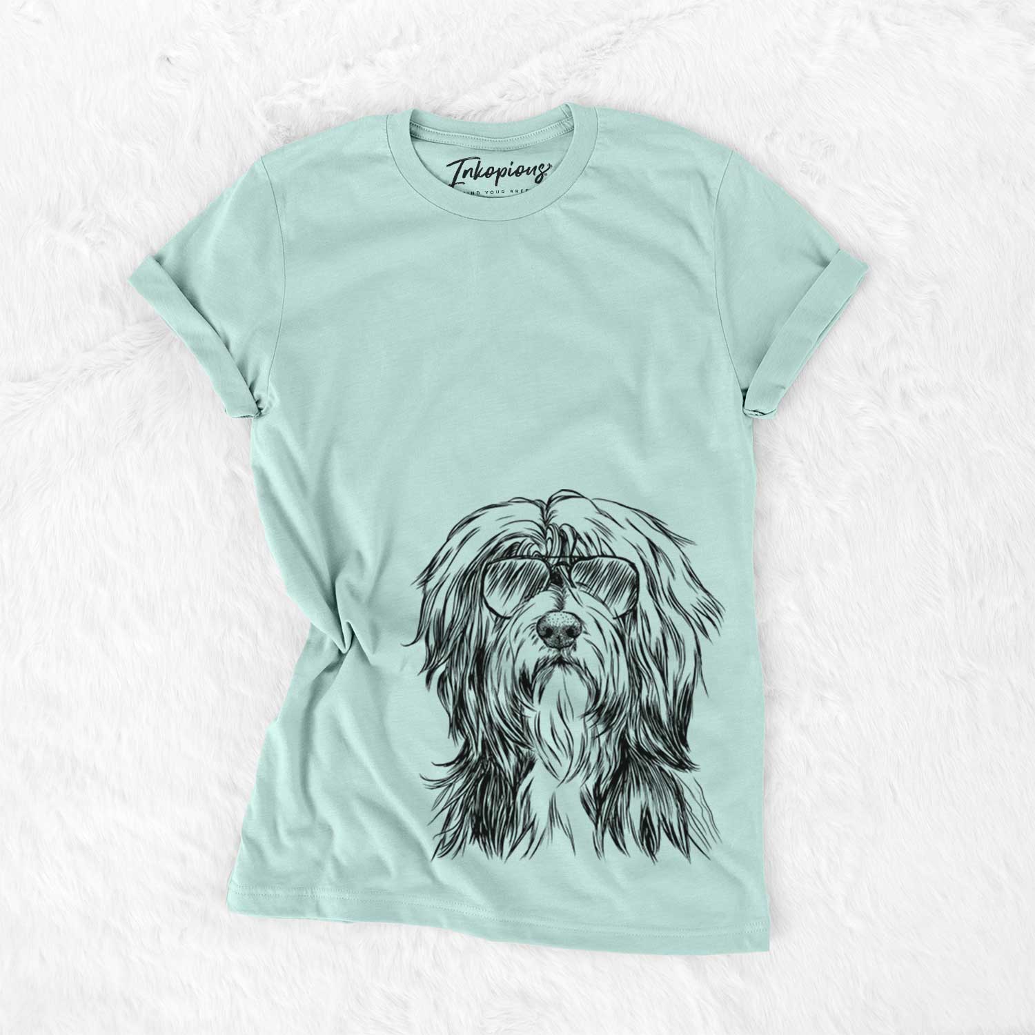 Hand-drawn sketch of Fiji the Polish Lowland Sheepdog wearing aviator sunglasses on a Heather Sage Unisex crewneck
