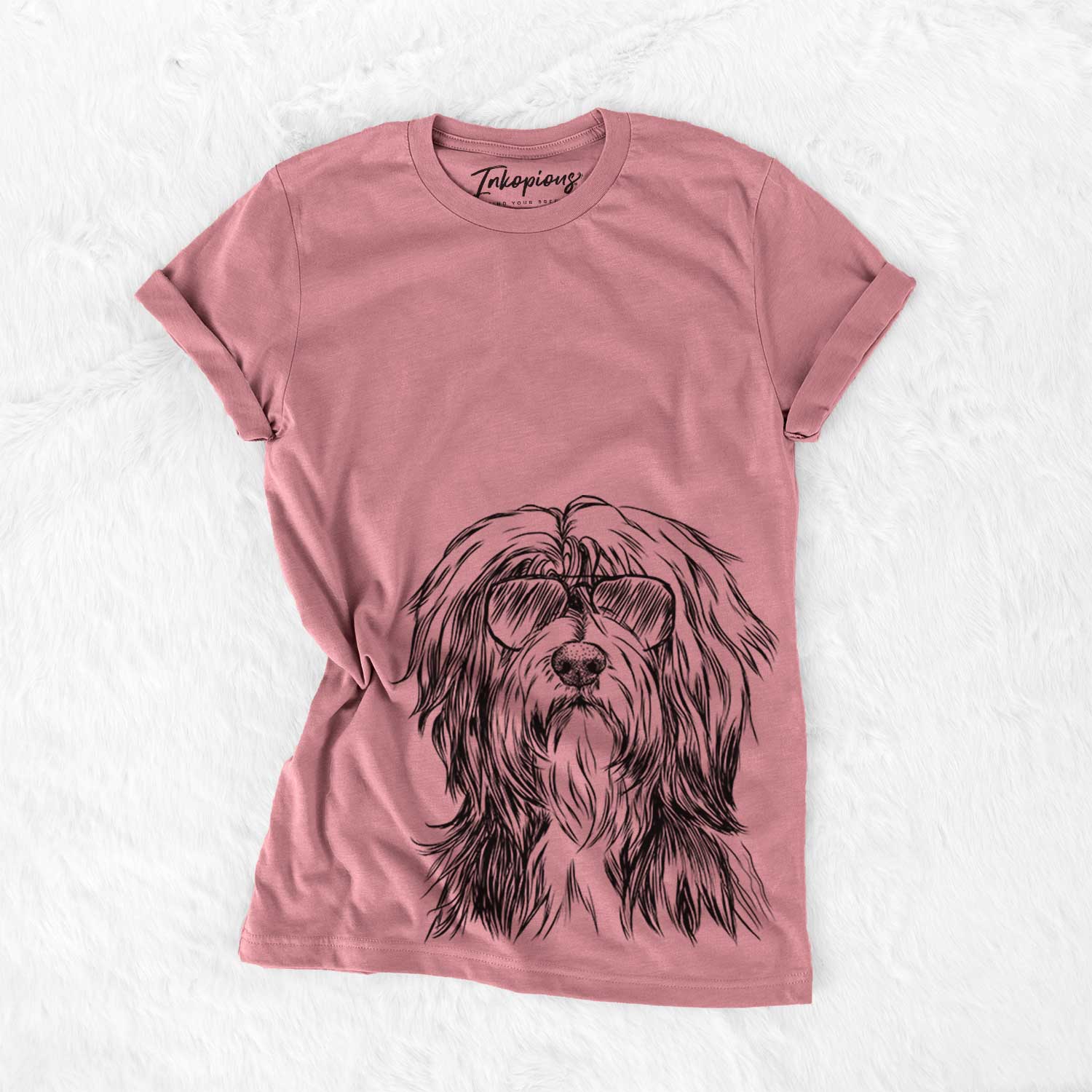 Hand-drawn sketch of Fiji the Polish Lowland Sheepdog wearing aviator sunglasses on a Mauve Bella Canvas Unisex Crewneck