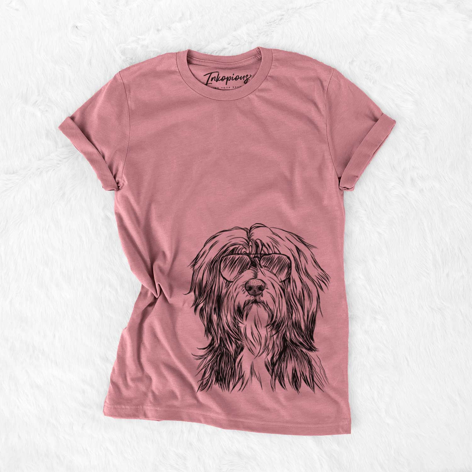 Hand-drawn sketch of Fiji the Polish Lowland Sheepdog wearing aviator sunglasses on a Mauve Unisex crewneck