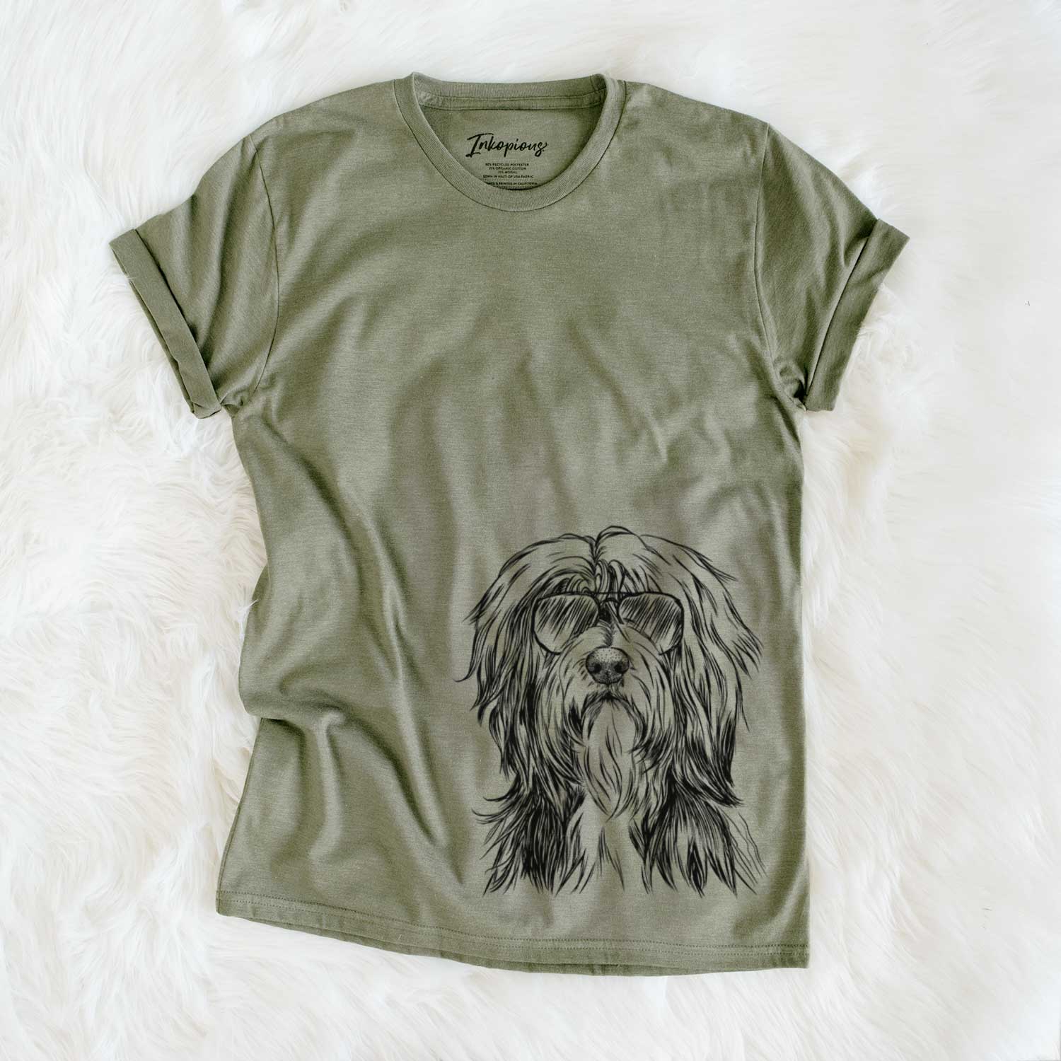 Hand-drawn sketch of Fiji the Polish Lowland Sheepdog wearing aviator sunglasses on an Olive Unisex crewneck