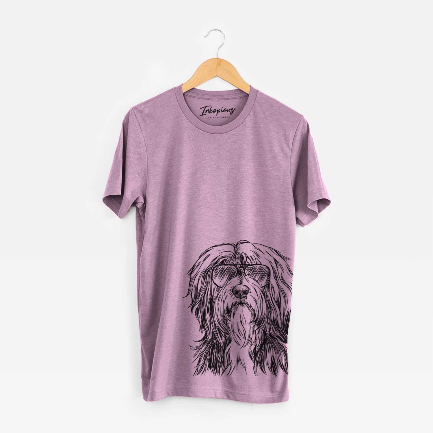 Hand-drawn sketch of Fiji the Polish Lowland Sheepdog wearing aviator sunglasses on an Orchid Bella Canvas Unisex Crewneck