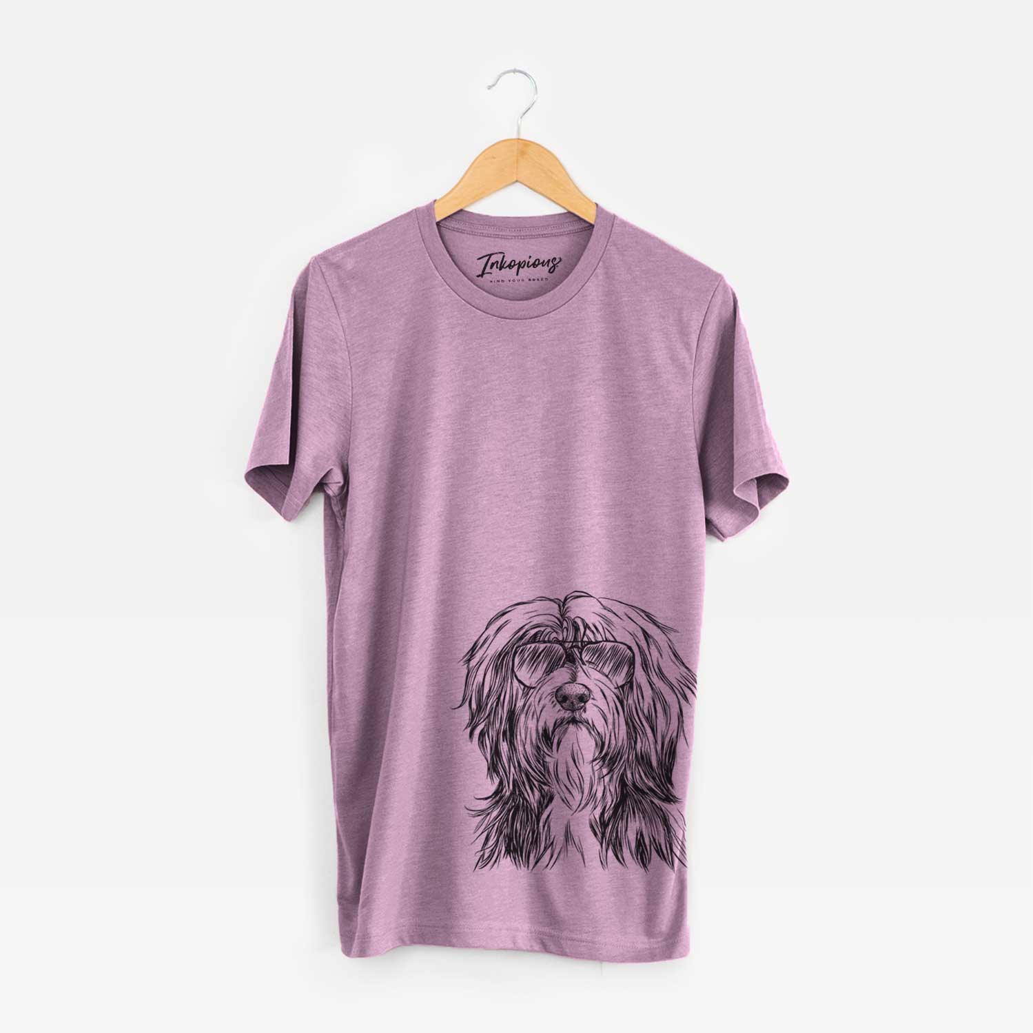 Hand-drawn sketch of Fiji the Polish Lowland Sheepdog wearing aviator sunglasses on an Orchid Unisex crewneck