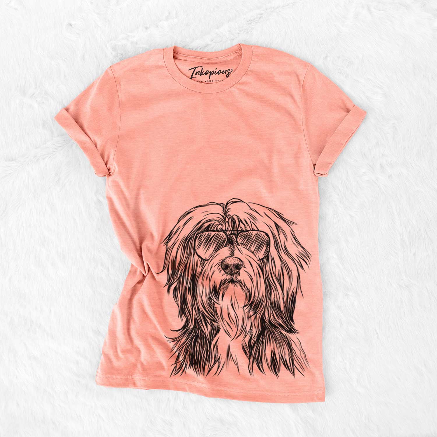 Hand-drawn sketch of Fiji the Polish Lowland Sheepdog wearing aviator sunglasses on a Sunset Bella Canvas Unisex Crewneck