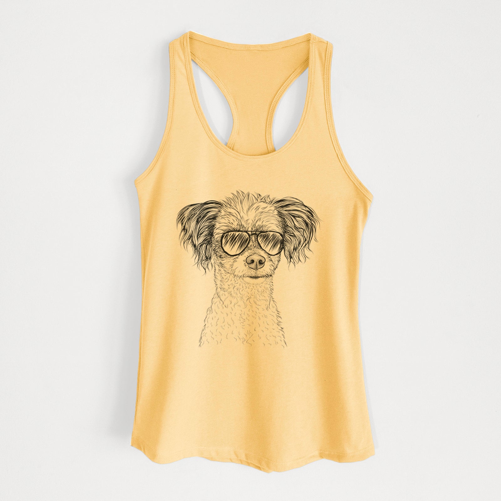 Hand-drawn sketch of Finley the Papillon Mix wearing aviator sunglasses on a Banana Cream Women's racerback tanktop