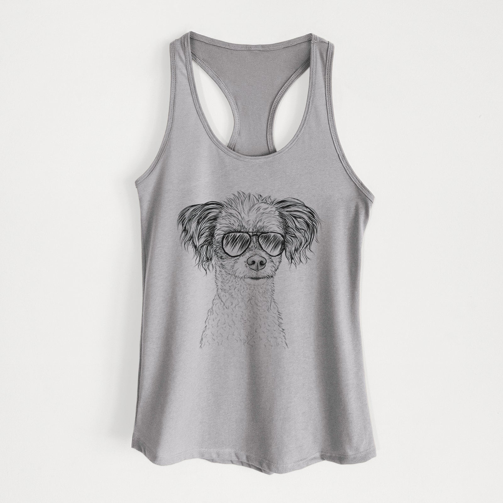 Hand-drawn sketch of Finley the Papillon Mix wearing aviator sunglasses on a Heather Grey Women's racerback tanktop