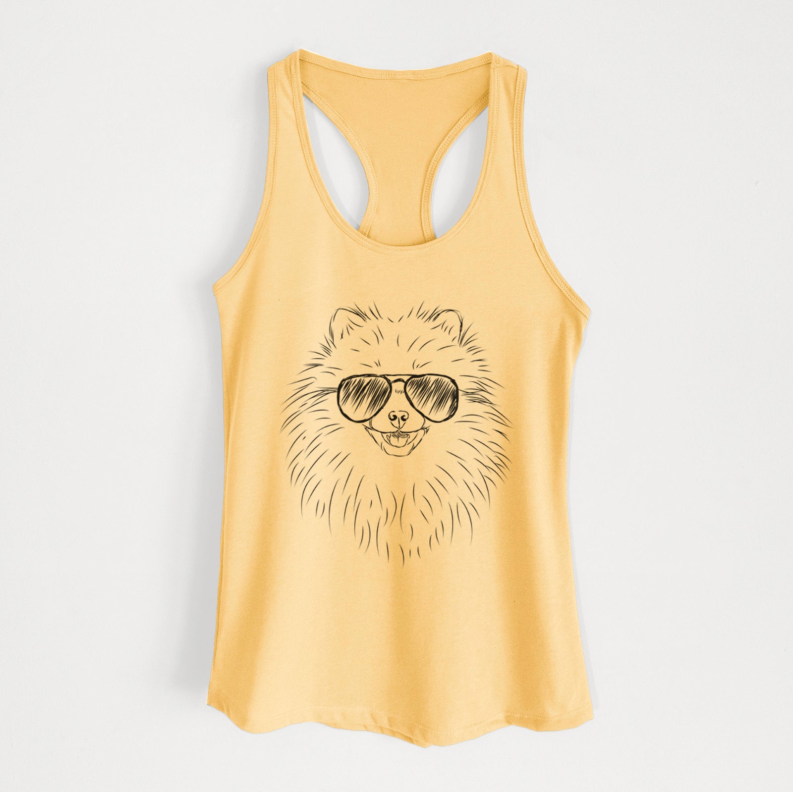 Hand-drawn sketch of Finn the Pomeranian wearing aviator sunglasses on a Banana Cream Women's racerback tanktop