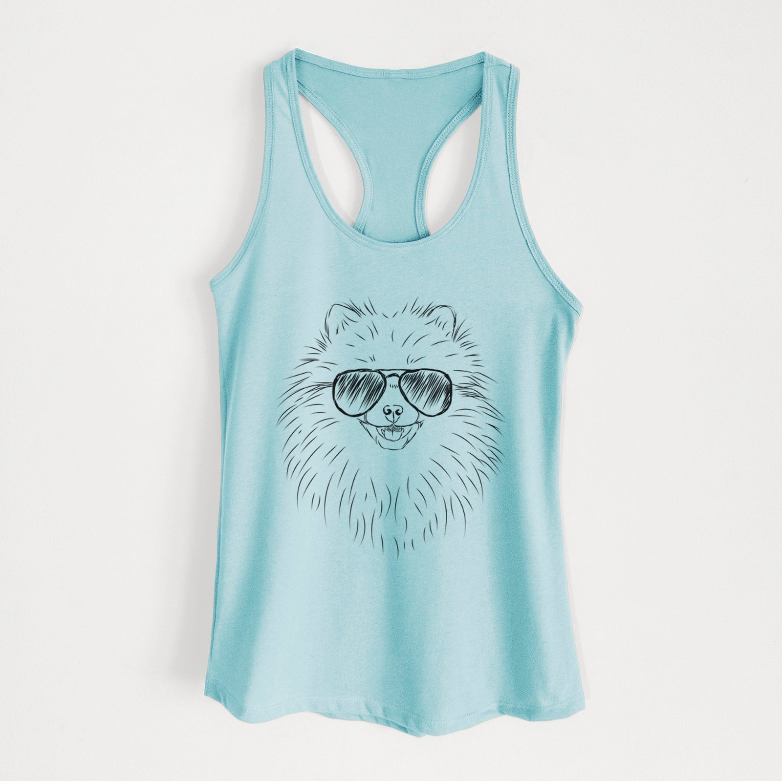 Hand-drawn sketch of Finn the Pomeranian wearing aviator sunglasses on a Cancun Blue Women's racerback tanktop