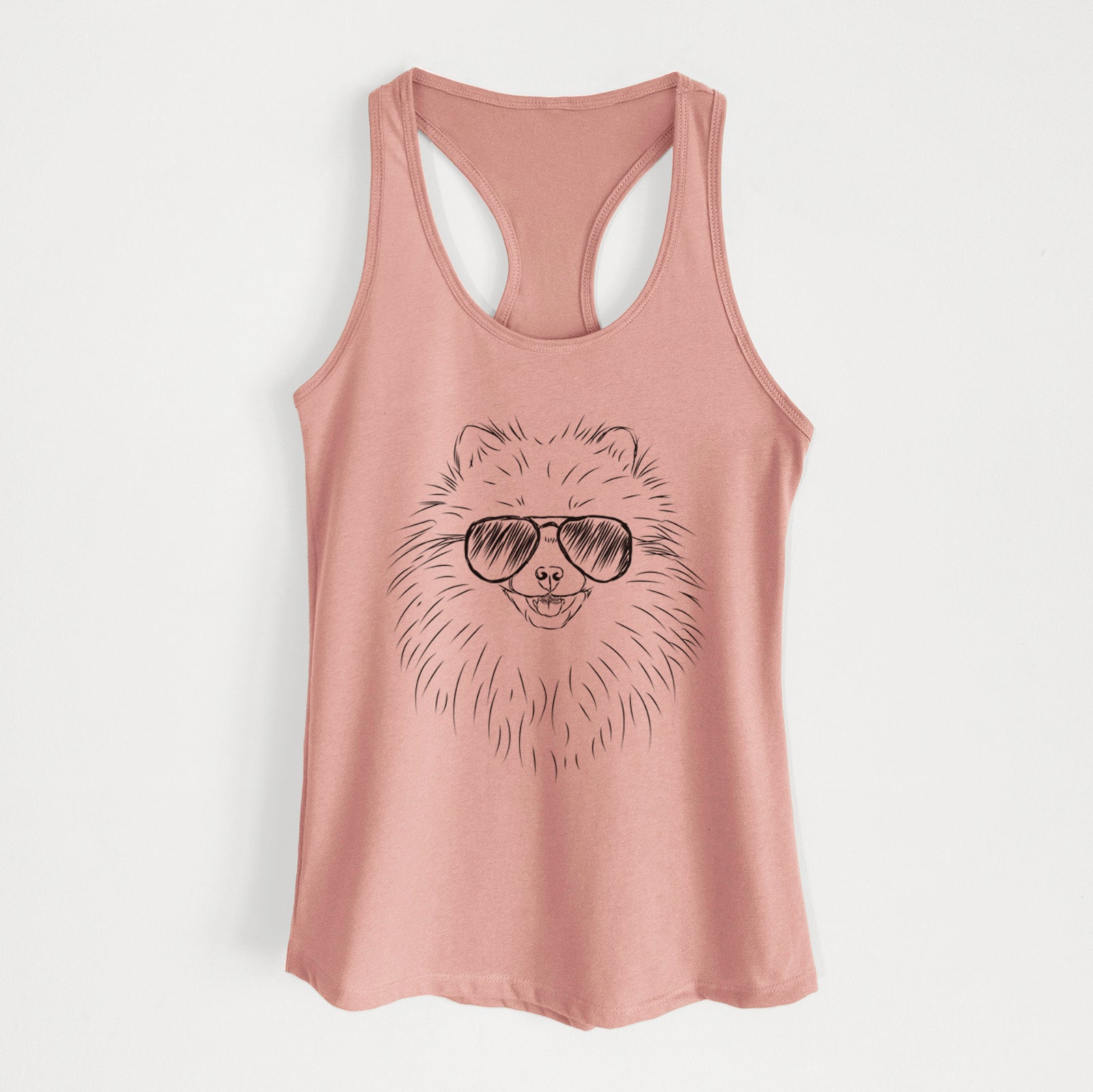 Hand-drawn sketch of Finn the Pomeranian wearing aviator sunglasses on a Desert Pink Women's racerback tanktop