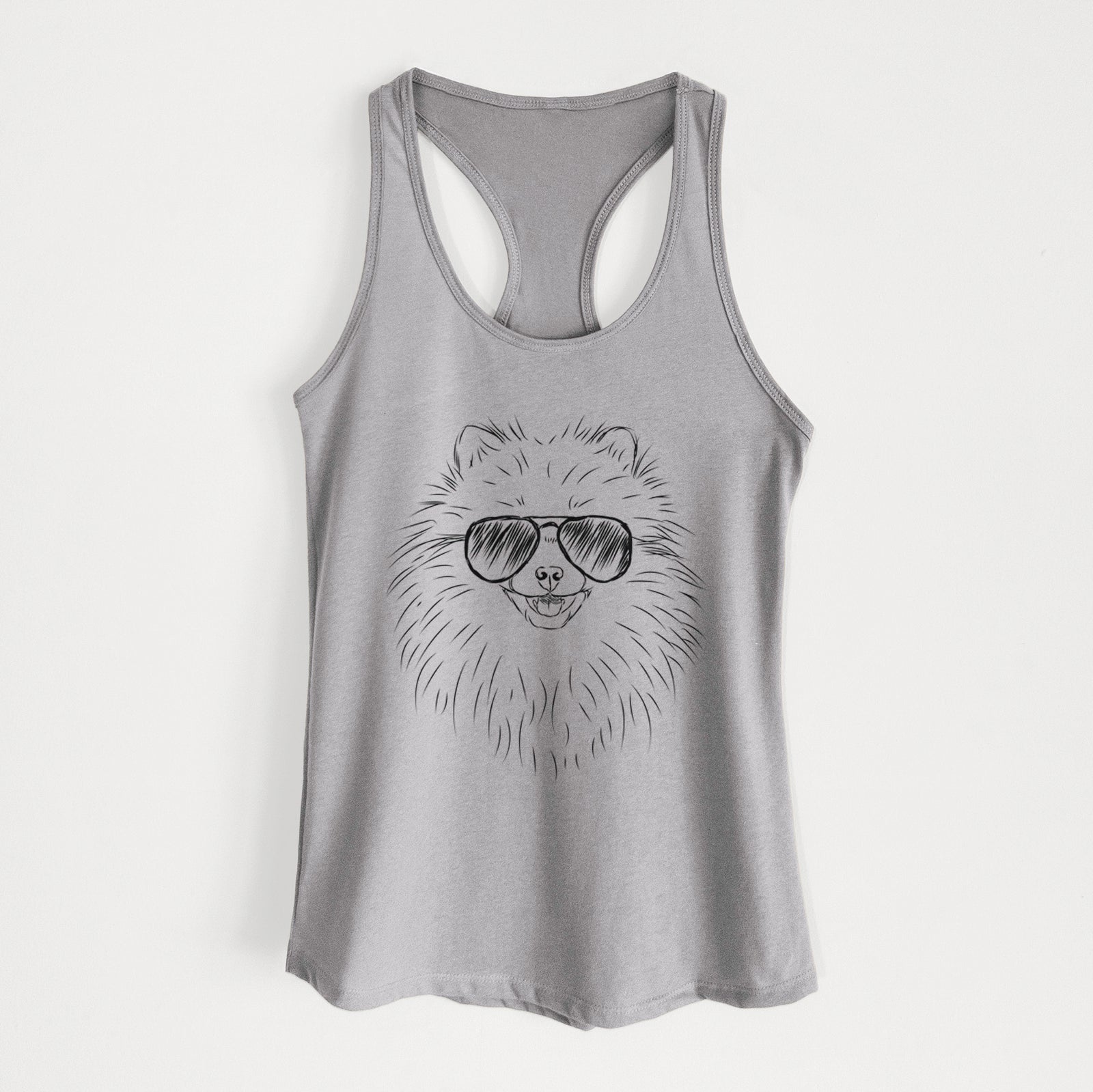 Hand-drawn sketch of Finn the Pomeranian wearing aviator sunglasses on a Heather Grey Women's racerback tanktop