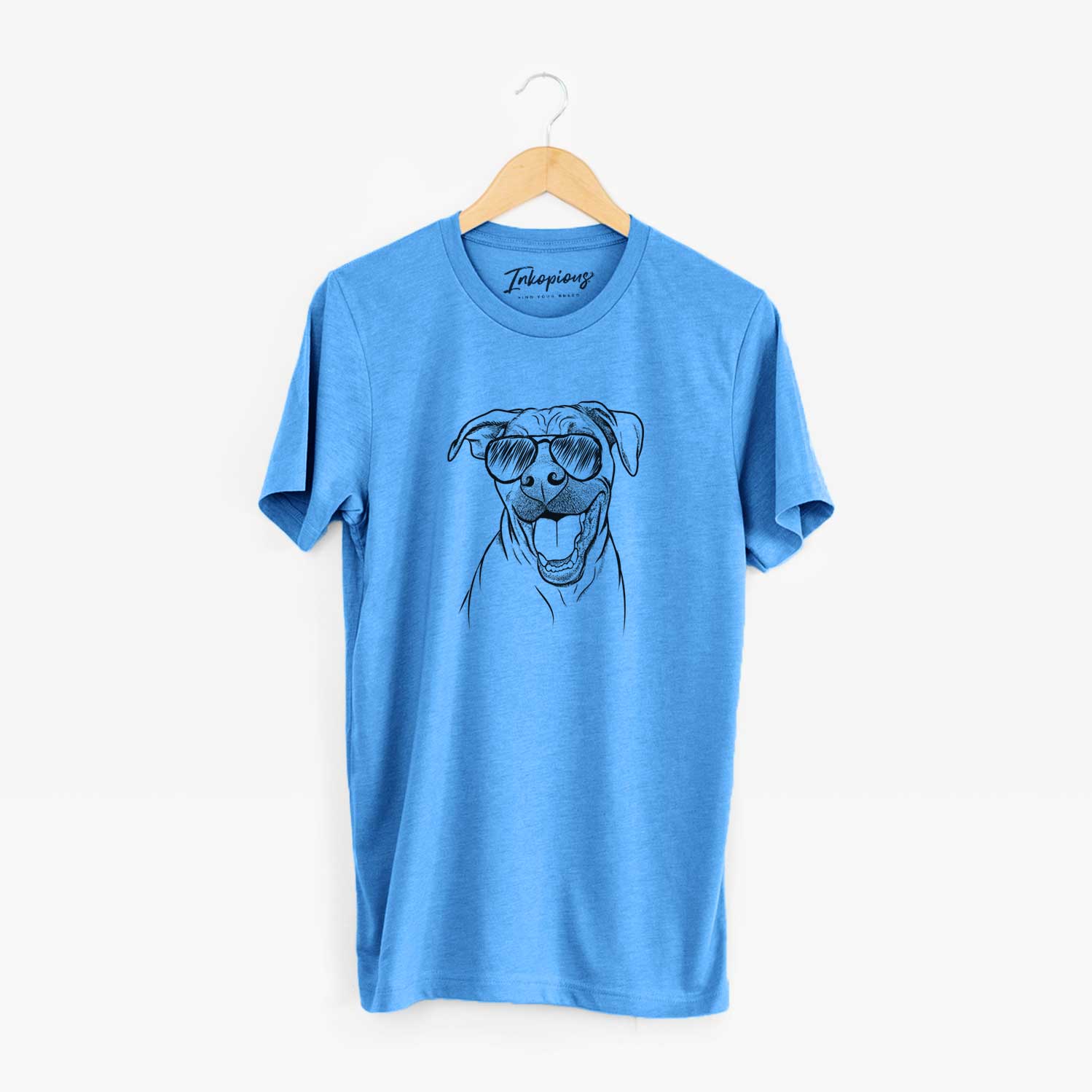 Hand-drawn sketch of Finn the Hound Mix wearing aviator sunglasses on a Blue Unisex crewneck