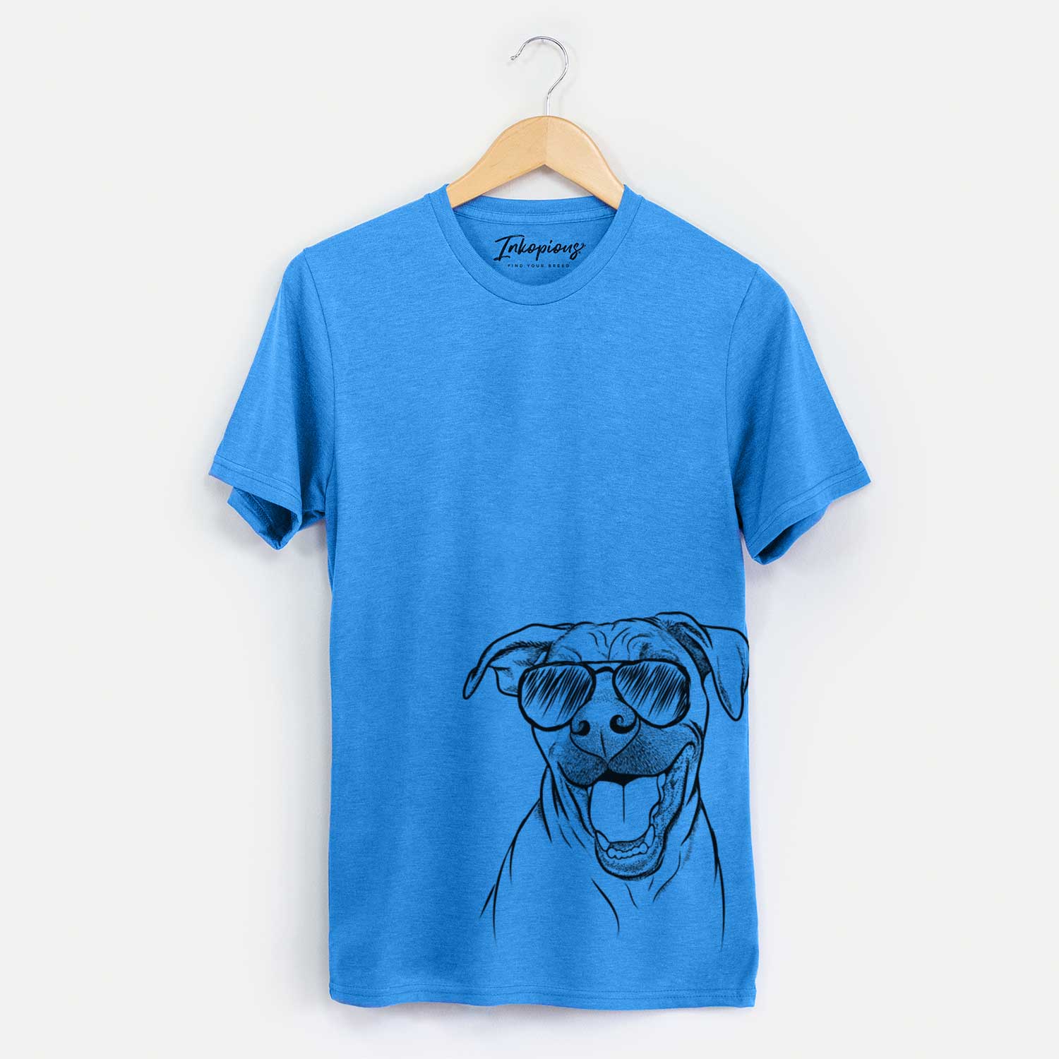 Hand-drawn sketch of Finn the Hound Mix wearing aviator sunglasses on a Blue Unisex crewneck