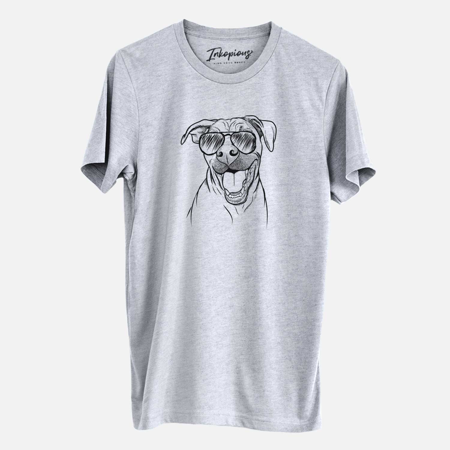 Hand-drawn sketch of Finn the Hound Mix wearing aviator sunglasses on a Grey Unisex crewneck