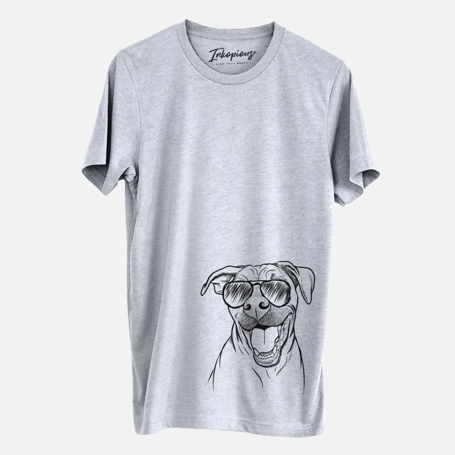 Hand-drawn sketch of Finn the Hound Mix wearing aviator sunglasses on a Grey Unisex crewneck