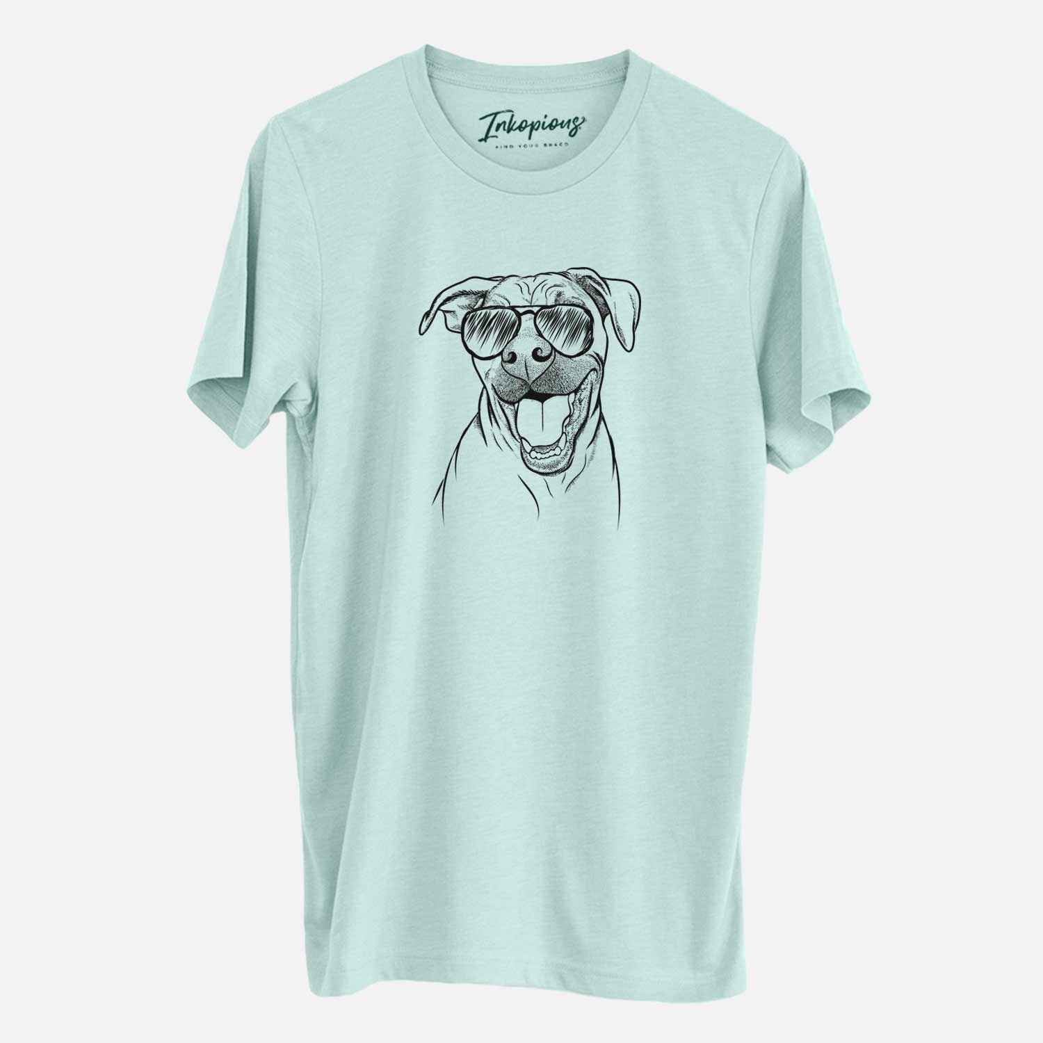 Hand-drawn sketch of Finn the Hound Mix wearing aviator sunglasses on a Heather Sage Unisex crewneck
