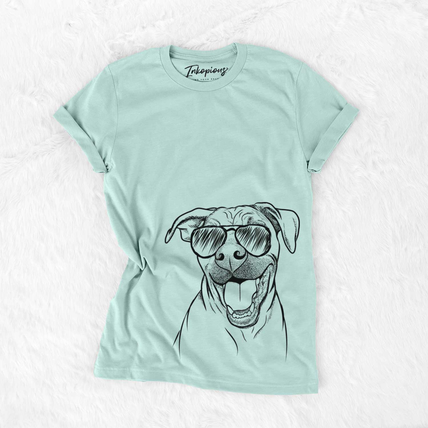 Hand-drawn sketch of Finn the Hound Mix wearing aviator sunglasses on a Heather Sage Unisex crewneck