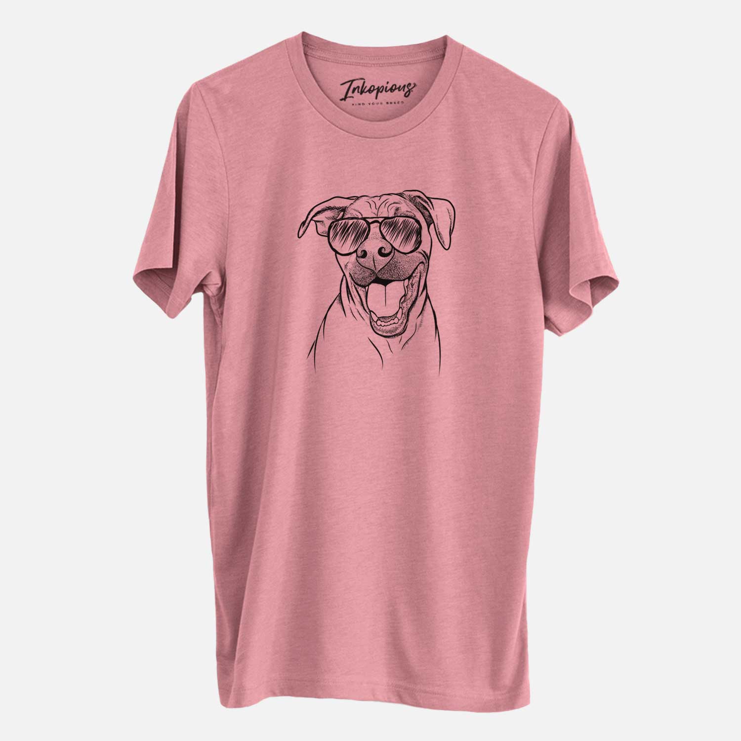 Hand-drawn sketch of Finn the Hound Mix wearing aviator sunglasses on a Mauve Unisex crewneck