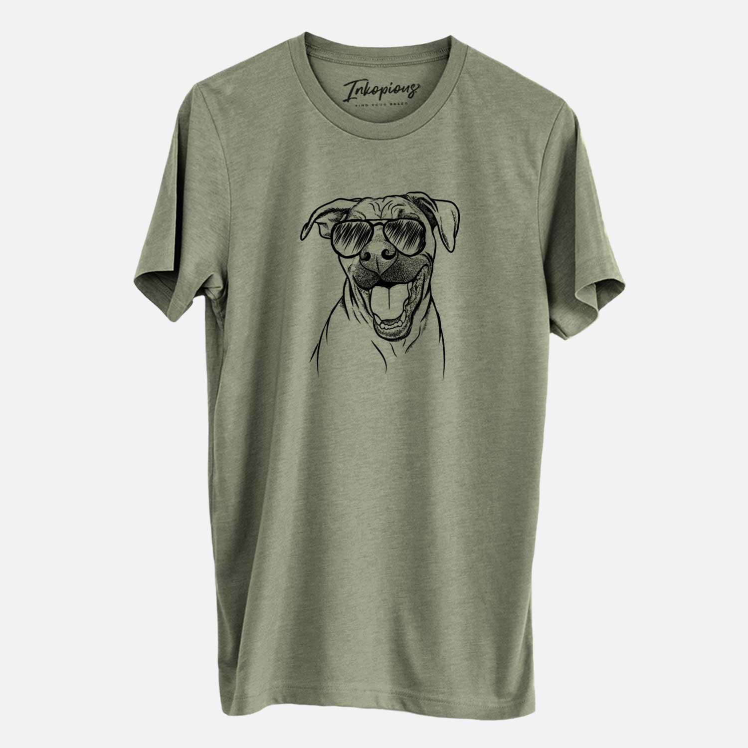 Hand-drawn sketch of Finn the Hound Mix wearing aviator sunglasses on an Olive Unisex crewneck