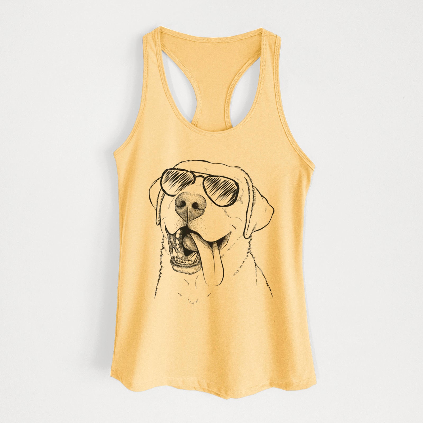 Hand-drawn sketch of Finn the Labrador Retriever wearing aviator sunglasses on a Banana Cream Women's racerback tanktop