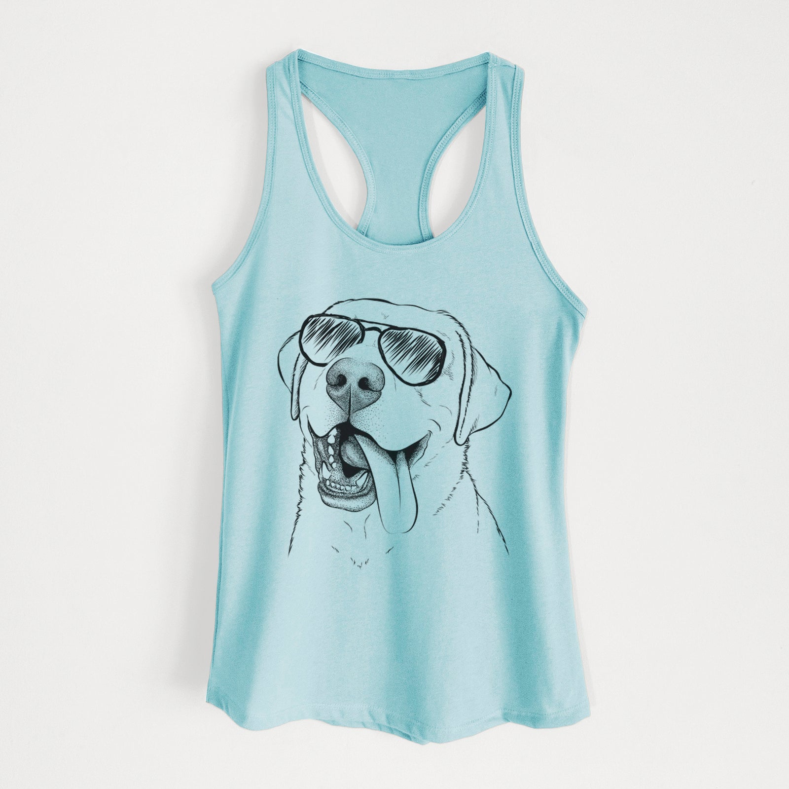 Hand-drawn sketch of Finn the Labrador Retriever wearing aviator sunglasses on a Cancun Blue Women's racerback tanktop