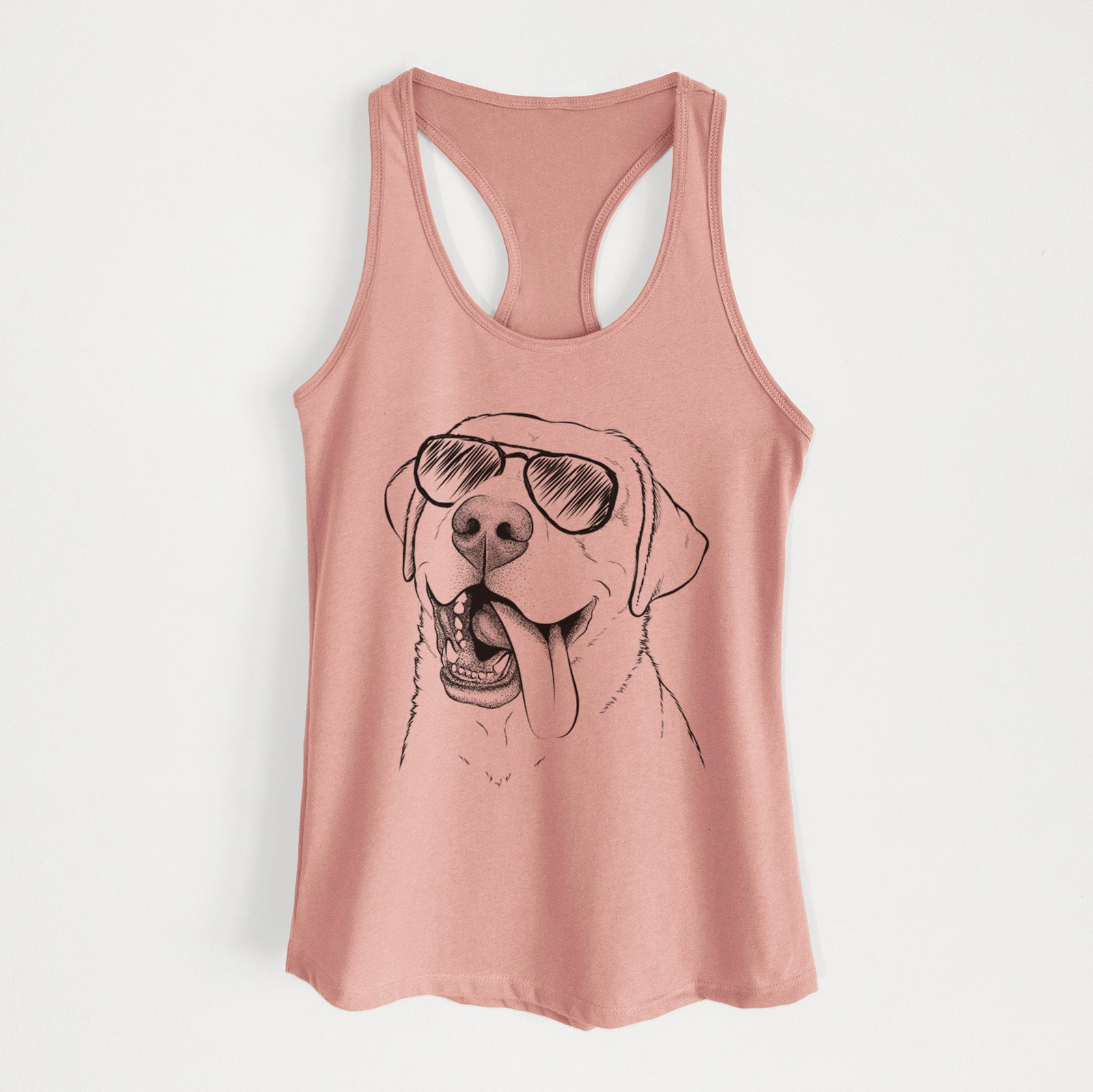 Hand-drawn sketch of Finn the Labrador Retriever wearing aviator sunglasses on a Desert Pink Women's racerback tanktop