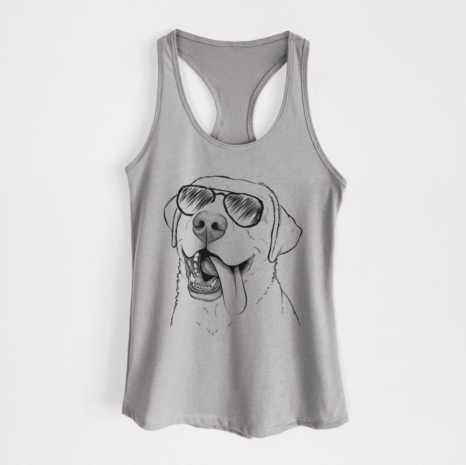 Hand-drawn sketch of Finn the Labrador Retriever wearing aviator sunglasses on a Heather Grey Women's racerback tanktop