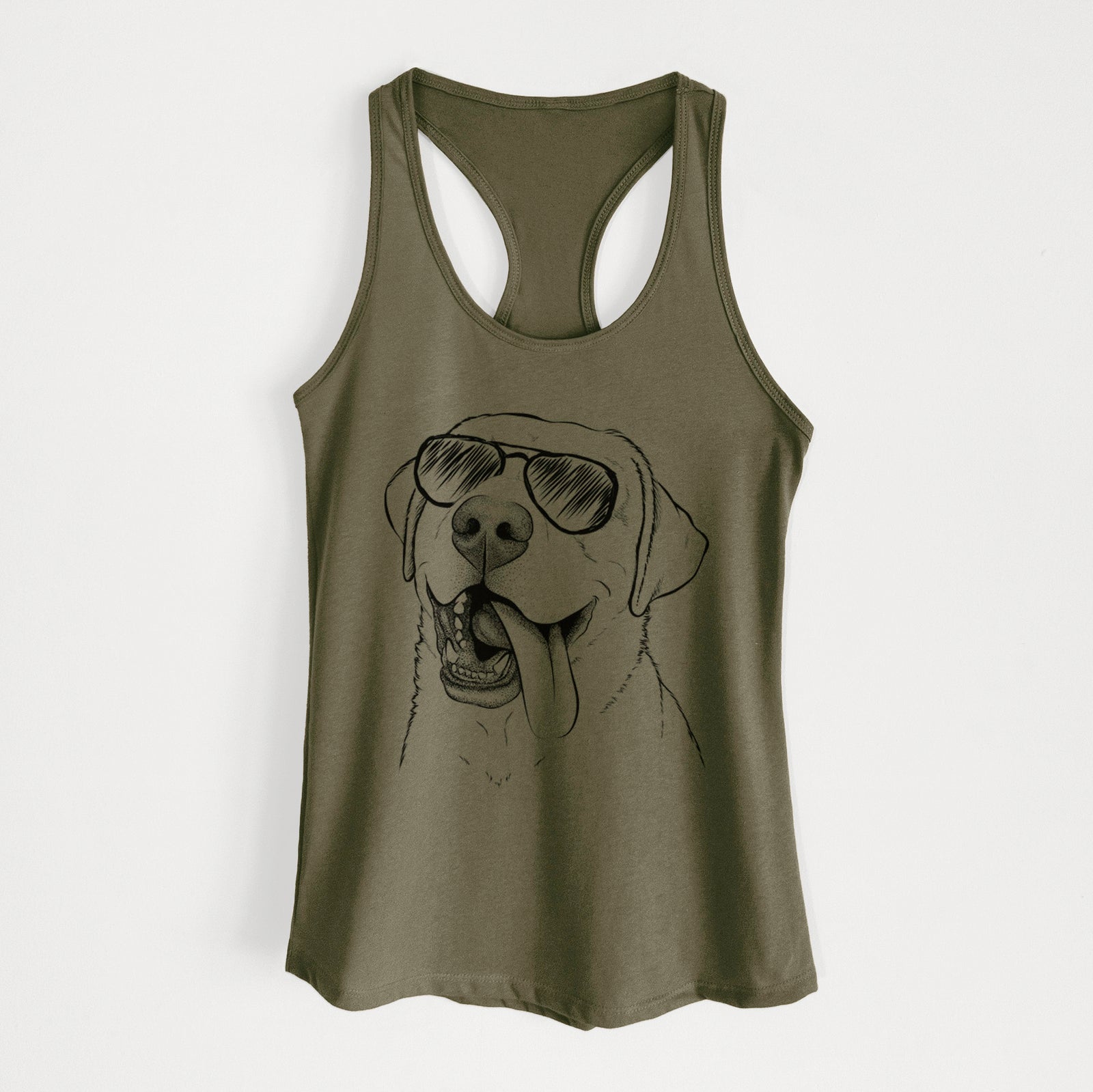 Hand-drawn sketch of Finn the Labrador Retriever wearing aviator sunglasses on a Military Green Women's racerback tanktop