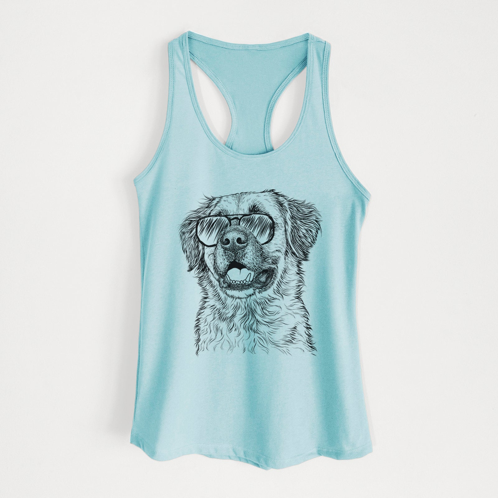 Hand-drawn sketch of Finn the Mixed Breed wearing aviator sunglasses on a Cancun Blue Women's racerback tanktop
