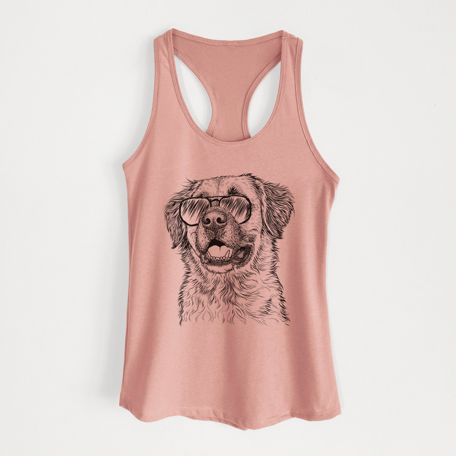 Hand-drawn sketch of Finn the Mixed Breed wearing aviator sunglasses on a Desert Pink Women's racerback tanktop