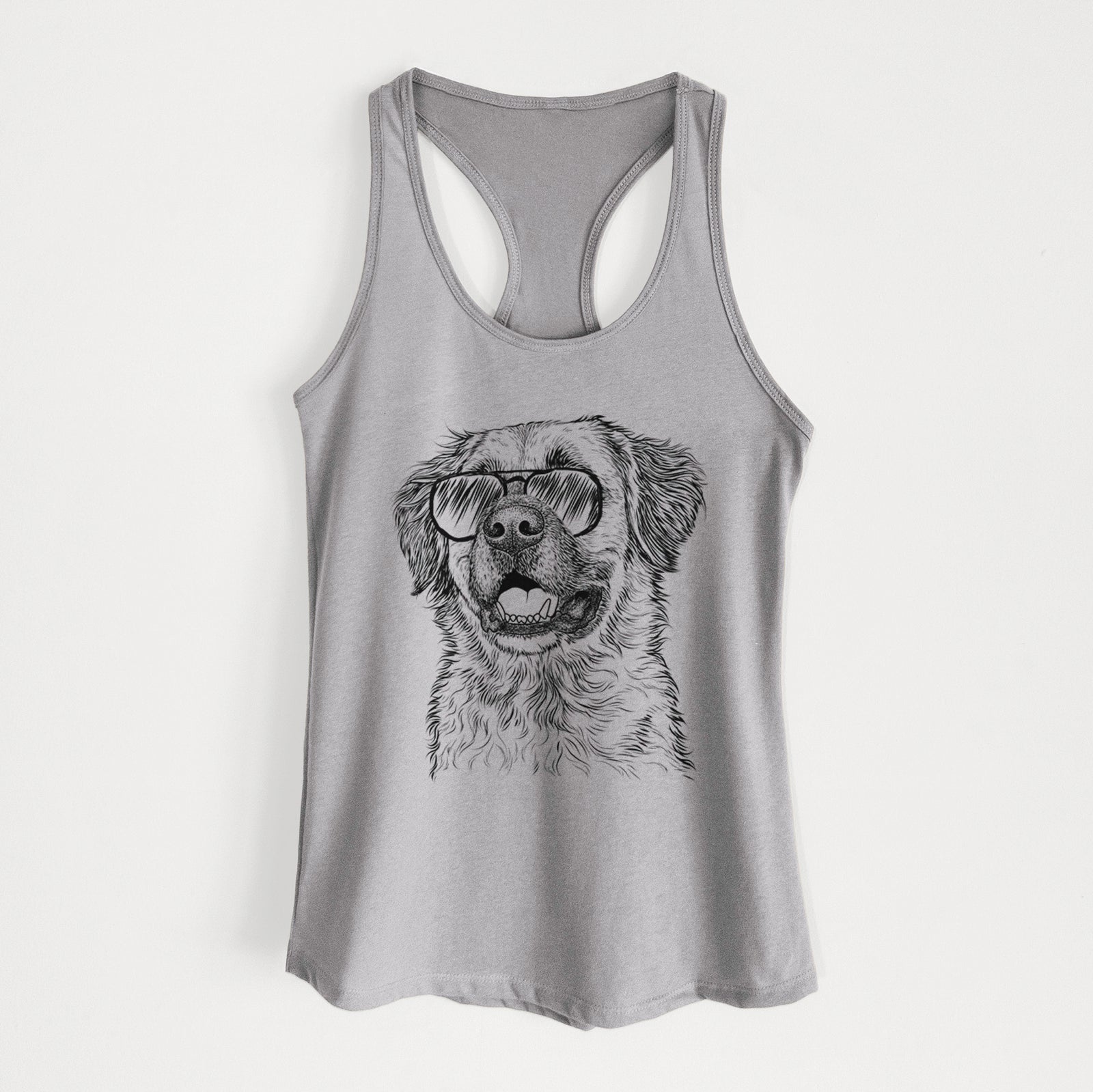 Hand-drawn sketch of Finn the Mixed Breed wearing aviator sunglasses on a Heather Grey Women's racerback tanktop