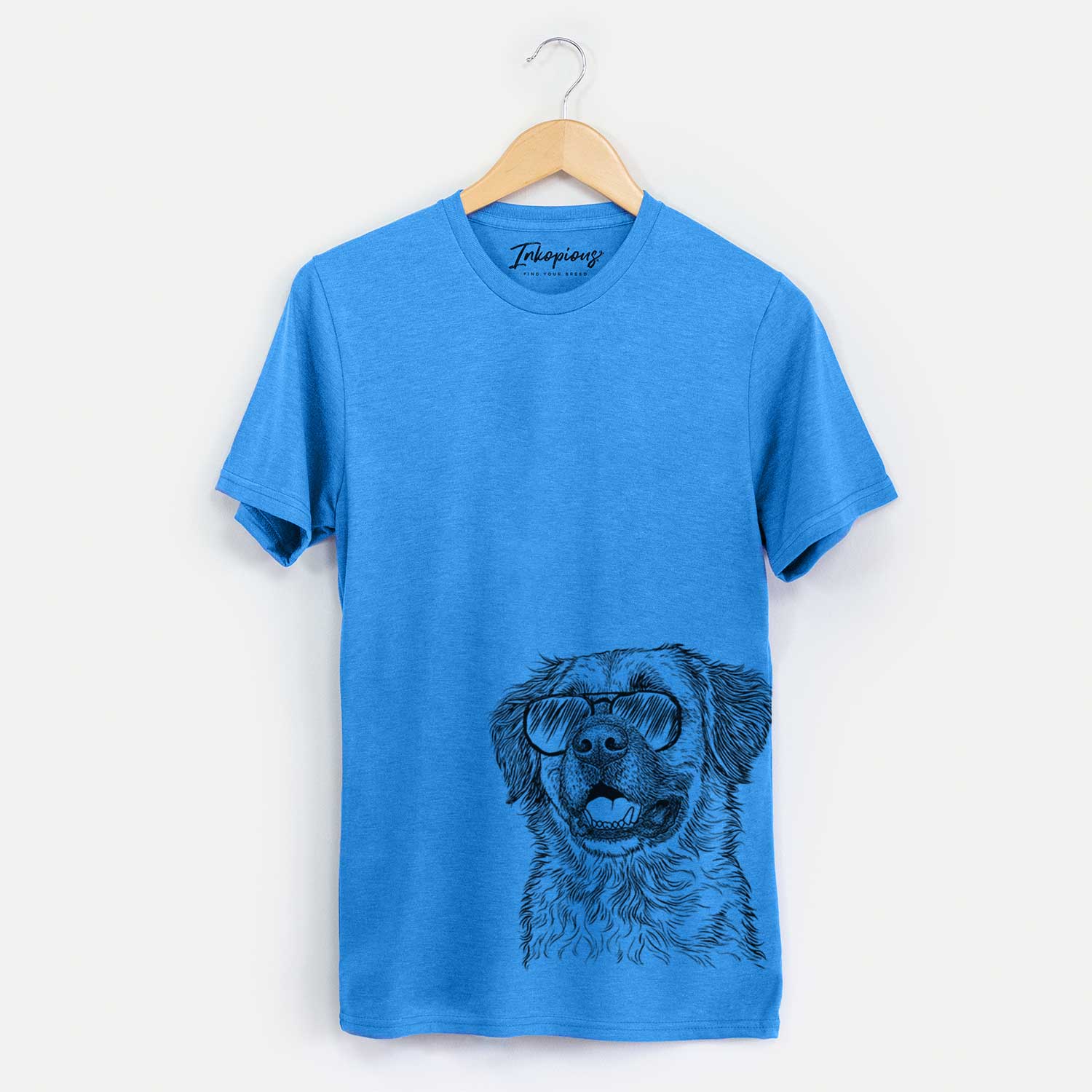 Hand-drawn sketch of Finn the Mixed Breed wearing aviator sunglasses on a Blue Unisex crewneck