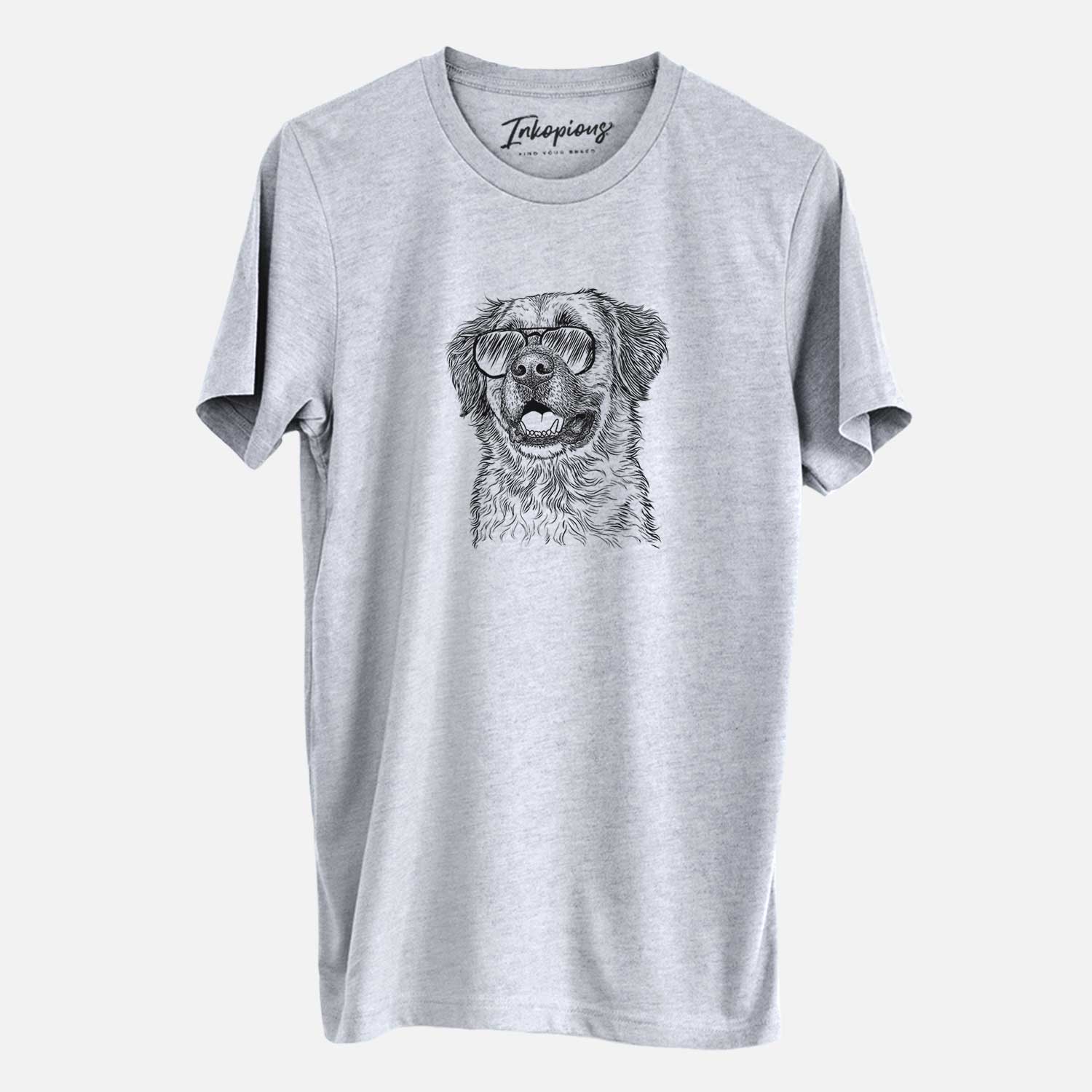 Hand-drawn sketch of Finn the Mixed Breed wearing aviator sunglasses on a Grey Unisex crewneck