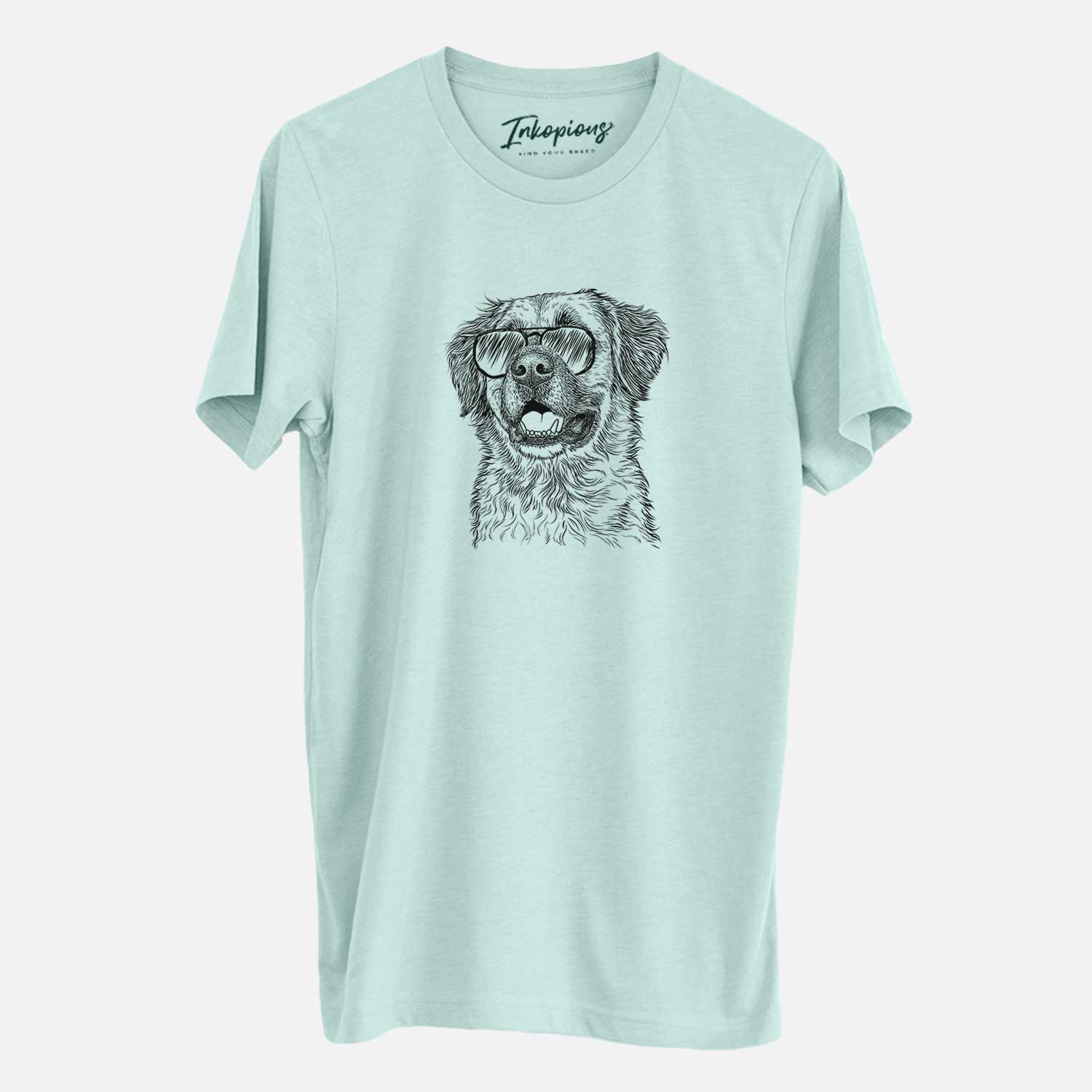 Hand-drawn sketch of Finn the Mixed Breed wearing aviator sunglasses on a Heather Sage Unisex crewneck