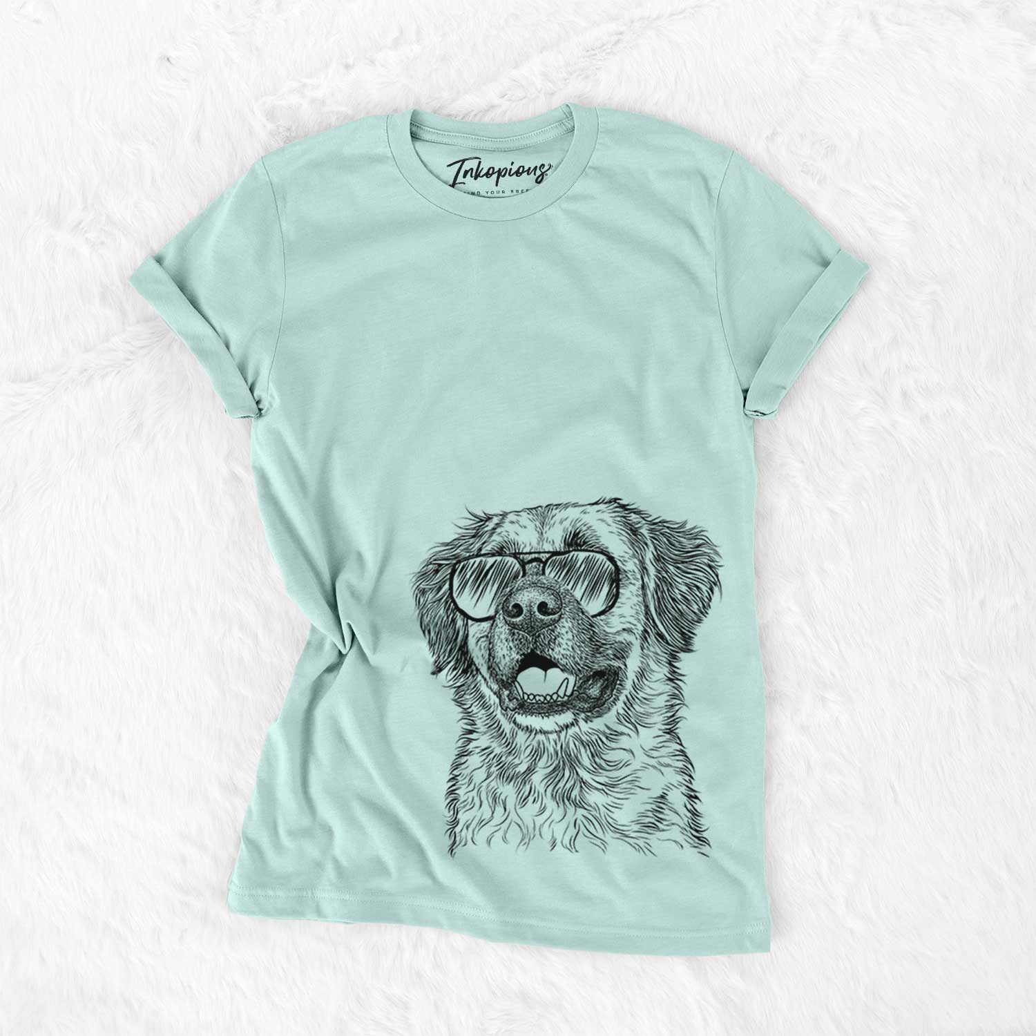 Hand-drawn sketch of Finn the Mixed Breed wearing aviator sunglasses on a Heather Sage Unisex crewneck