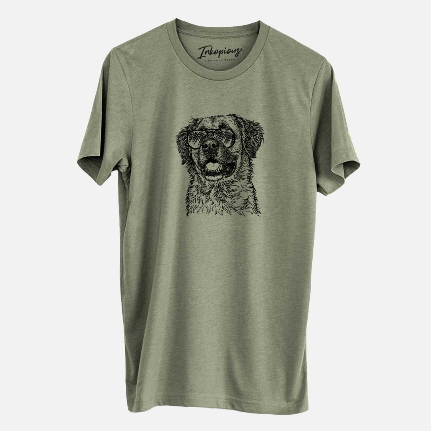 Hand-drawn sketch of Finn the Mixed Breed wearing aviator sunglasses on an Olive Unisex crewneck