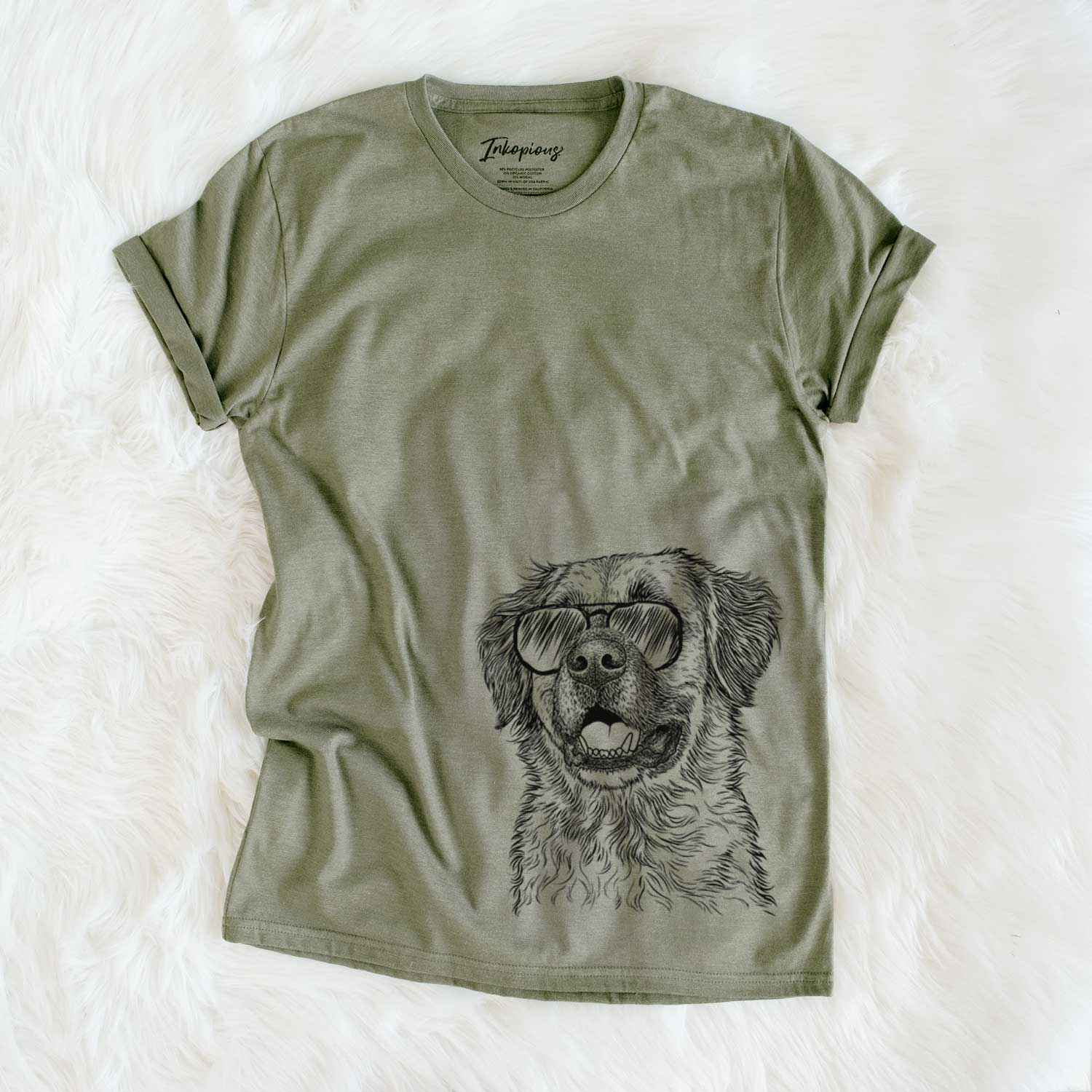 Hand-drawn sketch of Finn the Mixed Breed wearing aviator sunglasses on an Olive Unisex crewneck