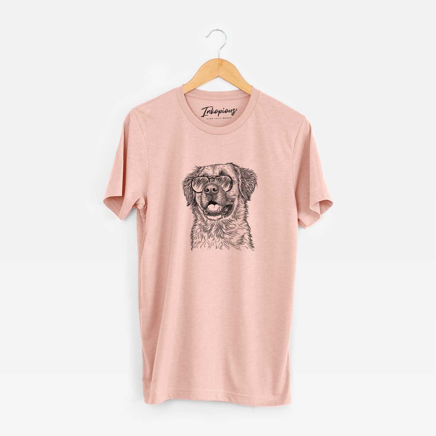 Hand-drawn sketch of Finn the Mixed Breed wearing aviator sunglasses on a Peach Unisex crewneck