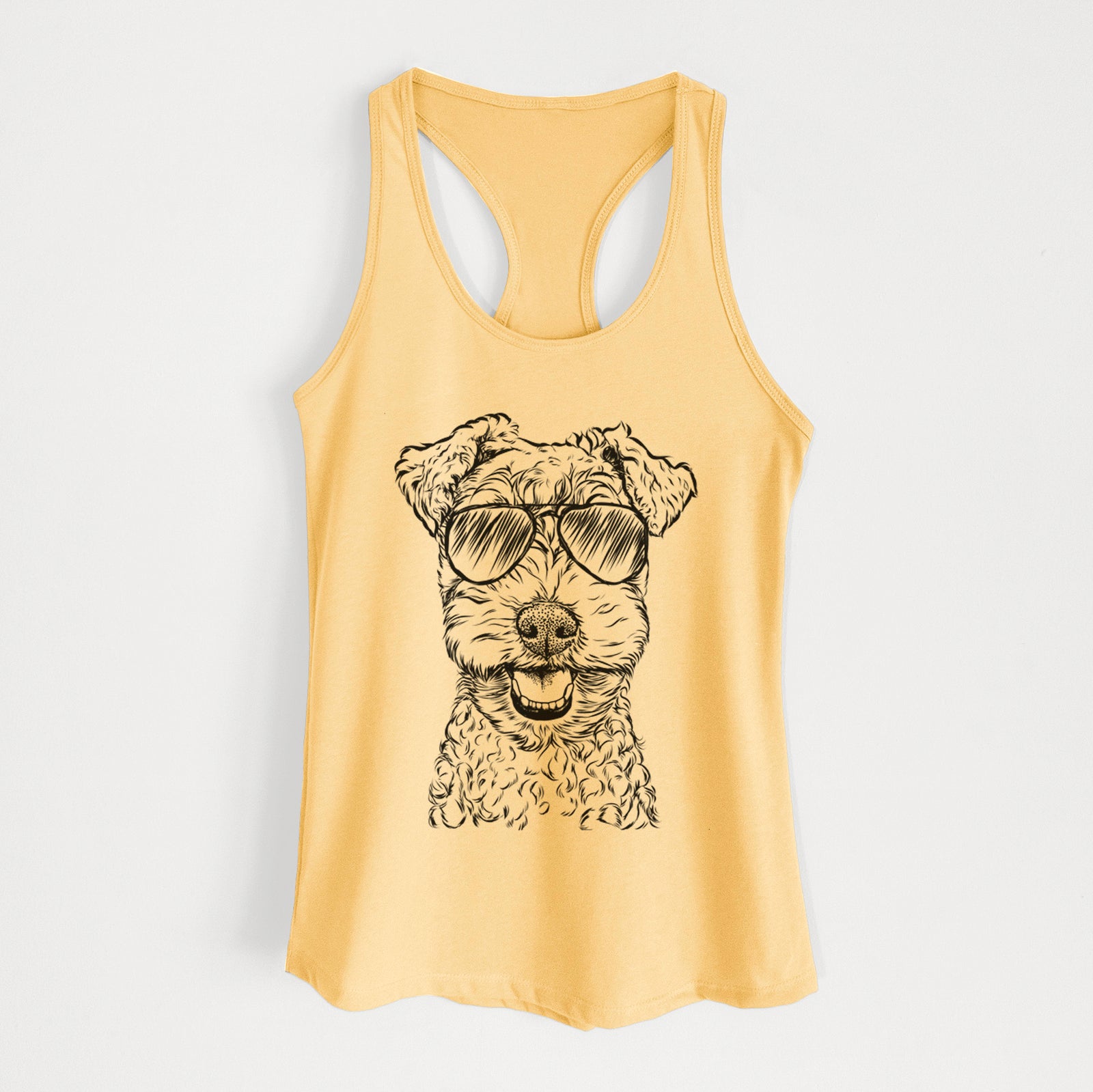 Hand-drawn sketch of Fintan the Irish Troodle wearing aviator sunglasses on a Banana Cream Women's racerback tanktop