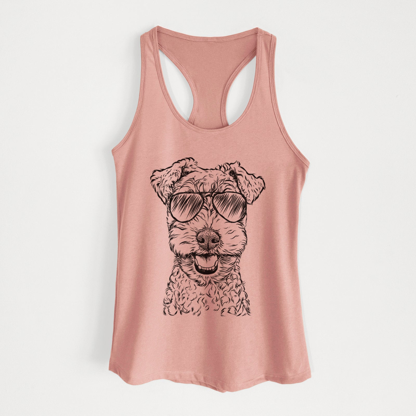 Hand-drawn sketch of Fintan the Irish Troodle wearing aviator sunglasses on a Desert Pink Women's racerback tanktop