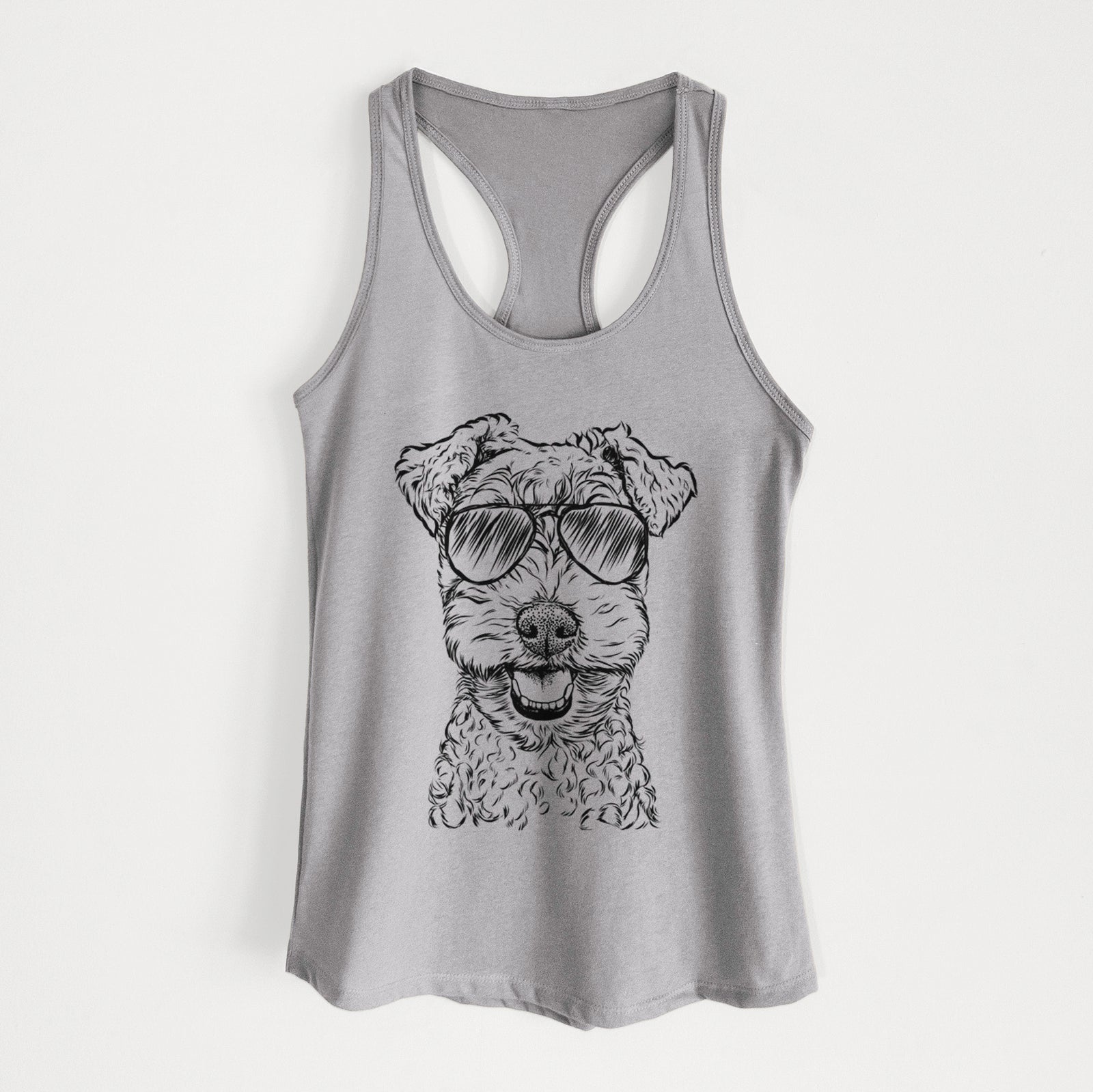 Hand-drawn sketch of Fintan the Irish Troodle wearing aviator sunglasses on a Heather Grey Women's racerback tanktop