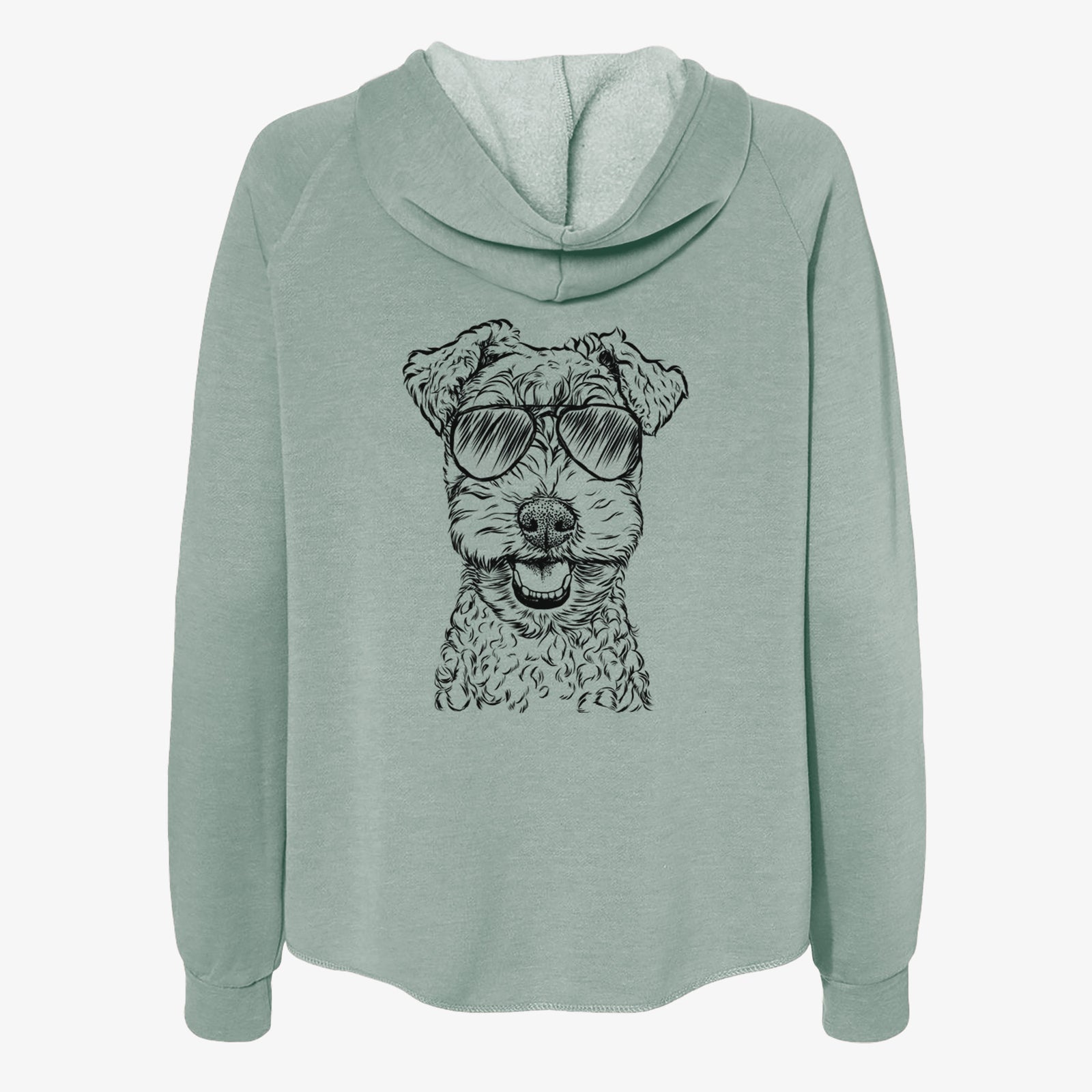 Hand-drawn sketch of Fintan the Irish Troodle wearing aviator sunglasses on a Sage Women's cali wave zip-up sweatshirt