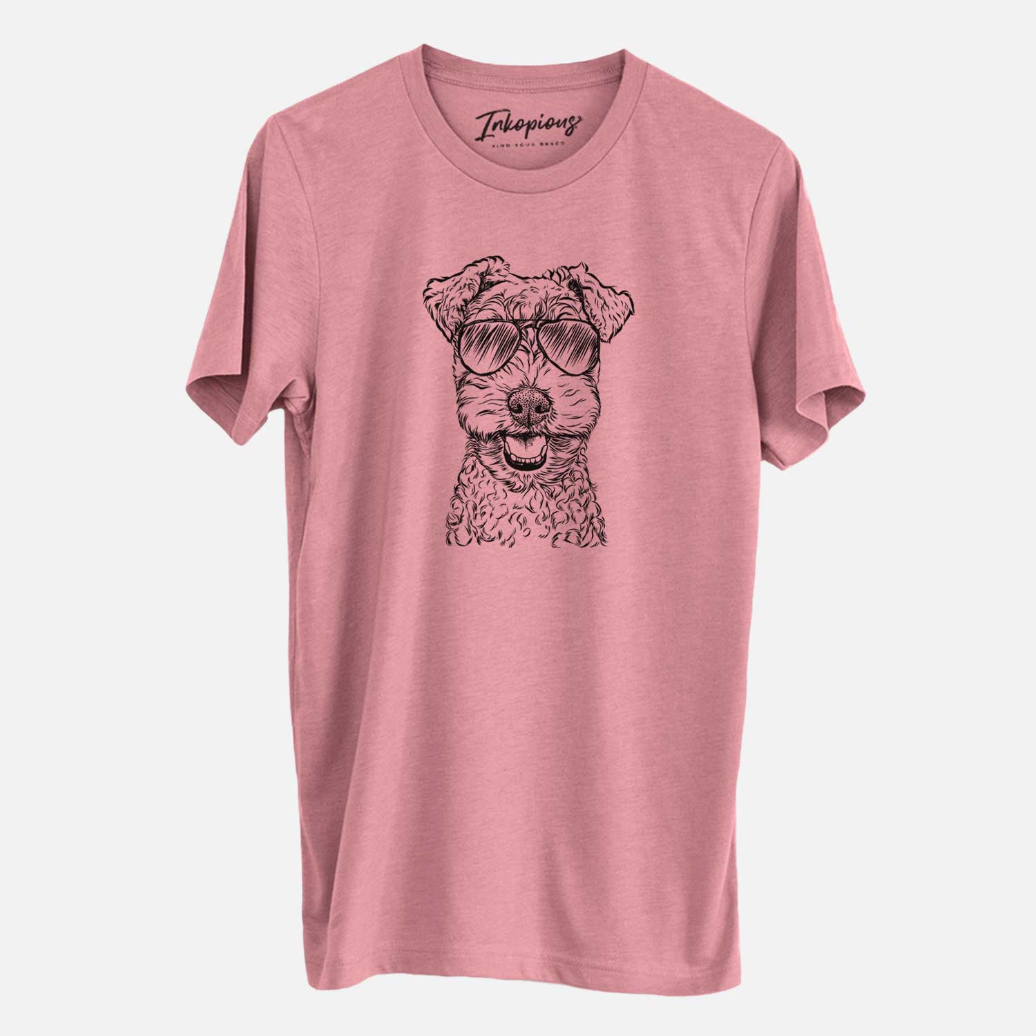 Hand-drawn sketch of Fintan the Irish Troodle wearing aviator sunglasses on a Mauve Unisex crewneck