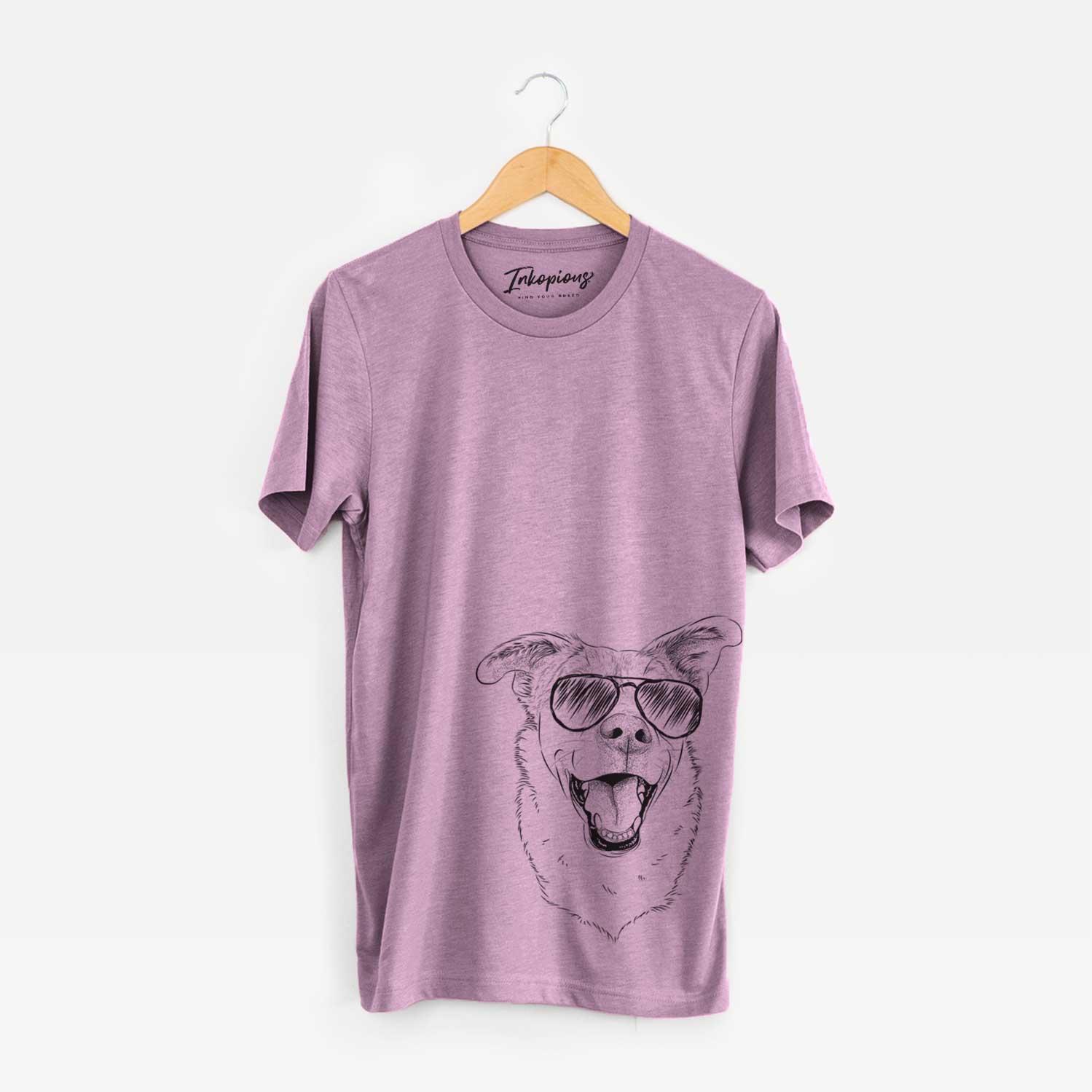 Hand-drawn sketch of Fira the Saint Bernard Husky Mix wearing aviator sunglasses on an Orchid Bella Canvas Unisex Crewneck