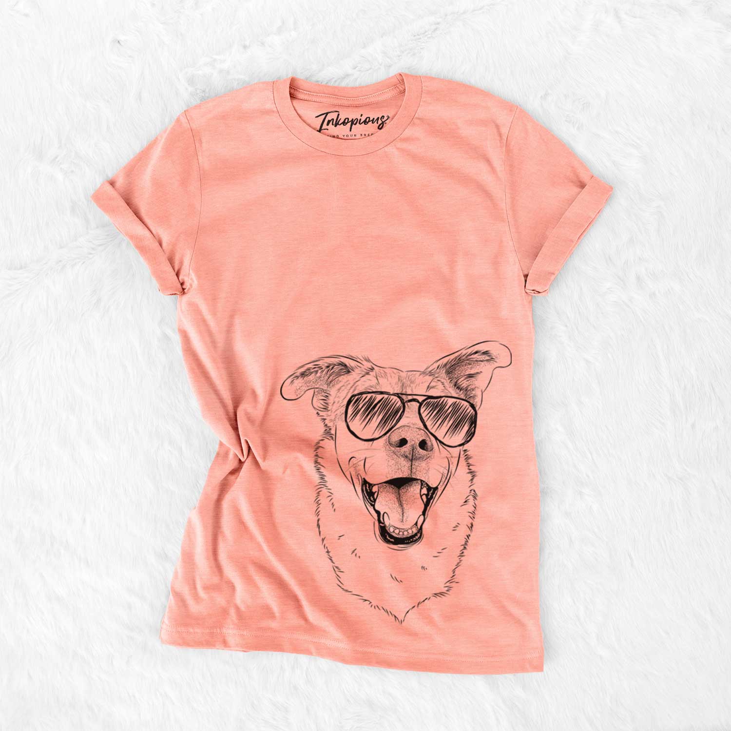 Hand-drawn sketch of Fira the Saint Bernard Husky Mix wearing aviator sunglasses on a Sunset Bella Canvas Unisex Crewneck
