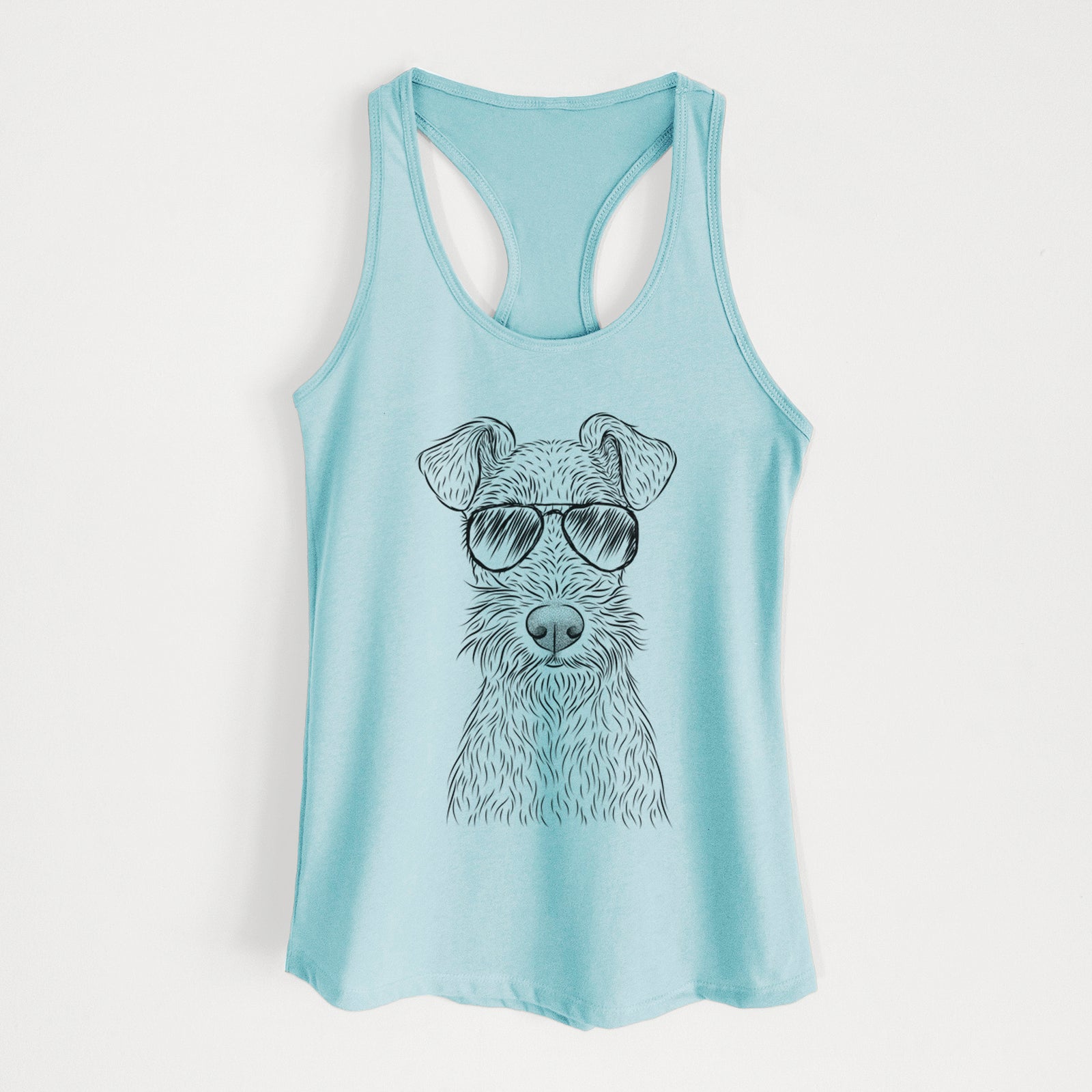 Hand-drawn sketch of Fitz the Wire Fox Terrier wearing aviator sunglasses on a Cancun Blue Women's racerback tanktop